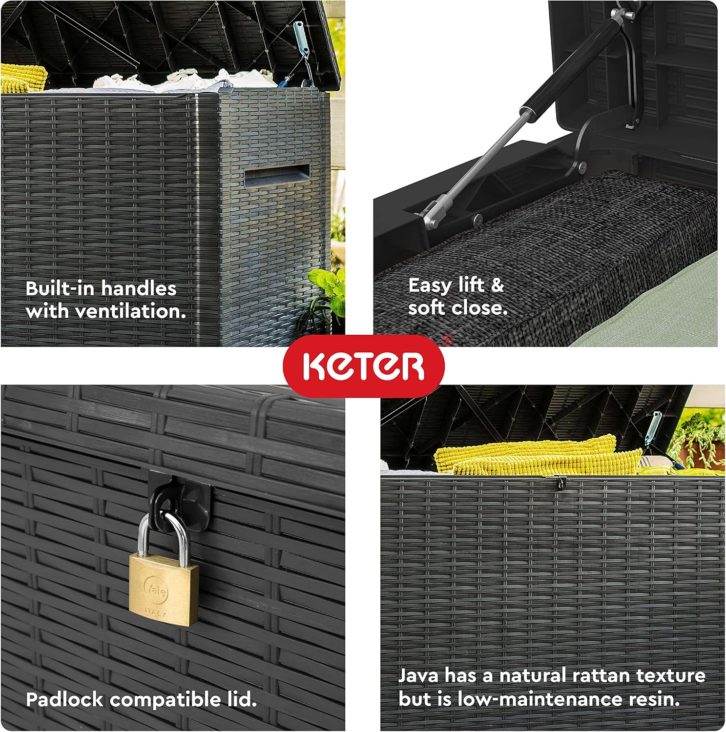 Keter Java XXL 230 Gallon Resin Rattan Look Large Outdoor Storage Deck Box for Patio Furniture Cushions, Pool Toys, and Garden Tools, Dark Grey