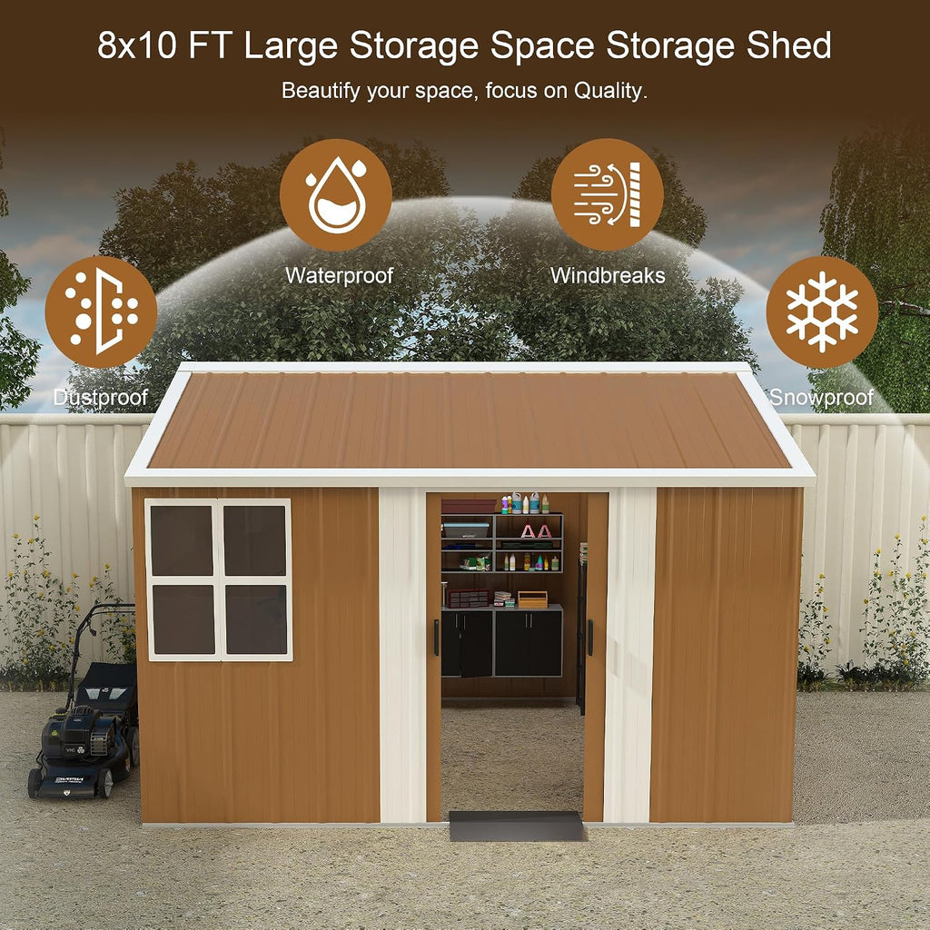 YOPTO 8X10 FT Metal Sheds & Outdoor Storage,Waterproof Large Backyard Shed House W/Windows and Sliding Door,Heavy-Duty Tool Organization with Sloped Roof & Vents,for Garden Pet House,Brown