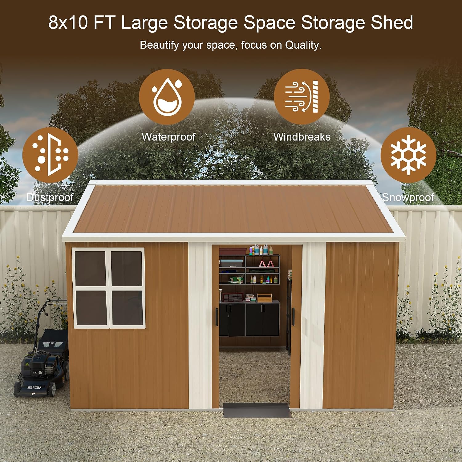 YOPTO 8X10 FT Metal Sheds & Outdoor Storage,Waterproof Large Backyard Shed House W/Windows and Sliding Door,Heavy-Duty Tool Organization with Sloped Roof & Vents,for Garden Pet House,Brown