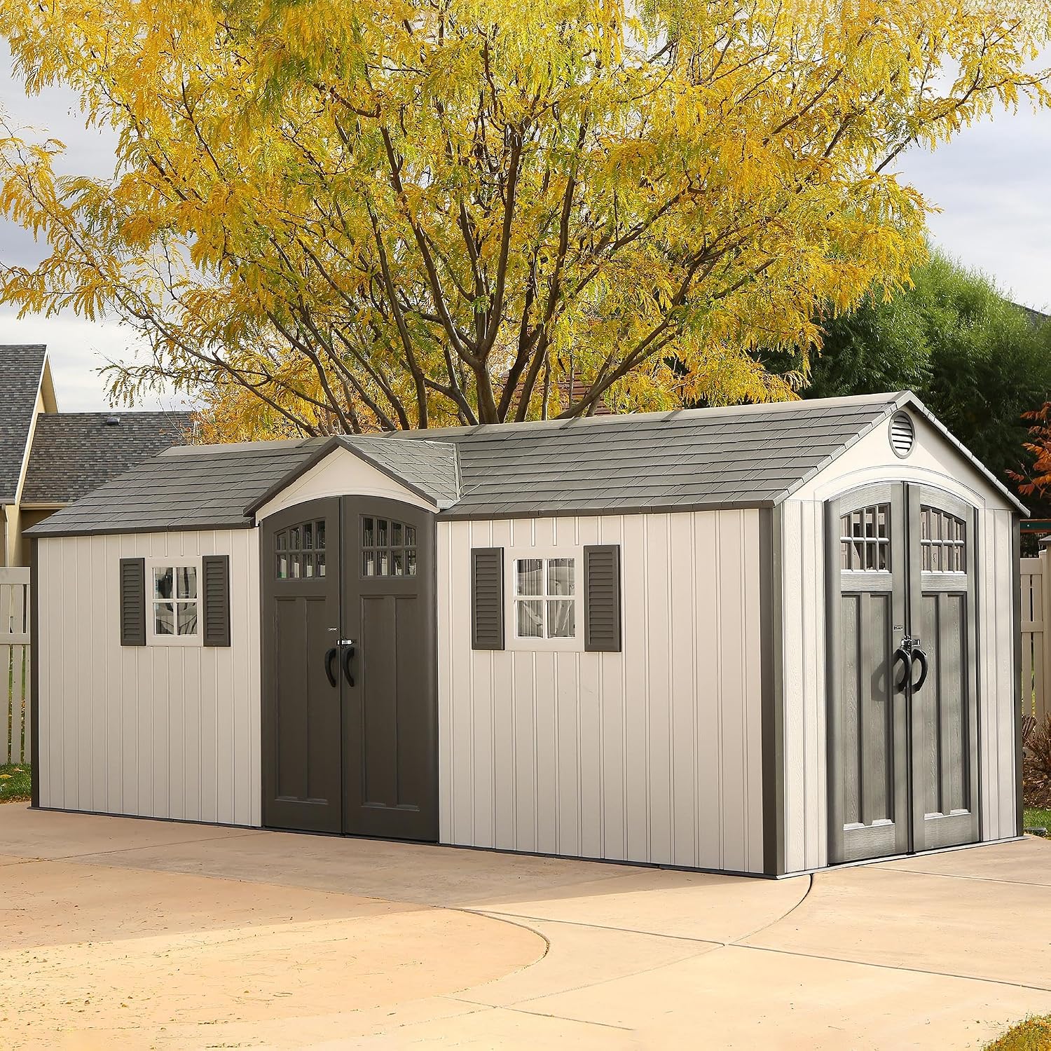 Lifetime 20 x 8 Ft. Outdoor Storage Shed with Steel Reinforced HDPE Walls, Lockable Doors, Windows, Skylights, Adjustable Shelving, Slip‑Resistant Floor, UV‑Protected Backyard Shed