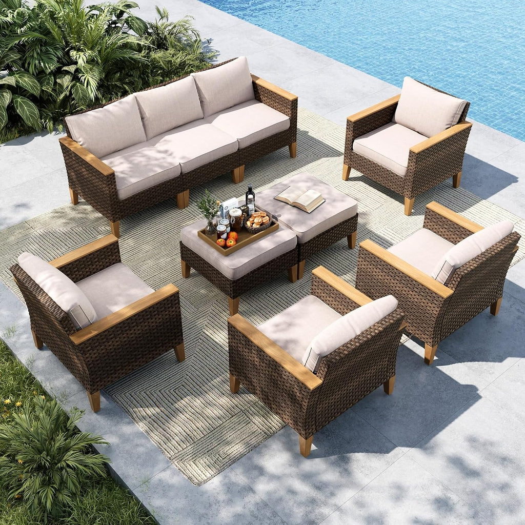 MFSTUDIO 9 Seat Extra Large Wicker Patio Furniture Set, All-Weather Rattan Patio Conversation Sets, 4 x Armrest Chair, 3-Seat Sofa, 2 x Ottoman, Outdoor Patio Sectional Sofa for Garden