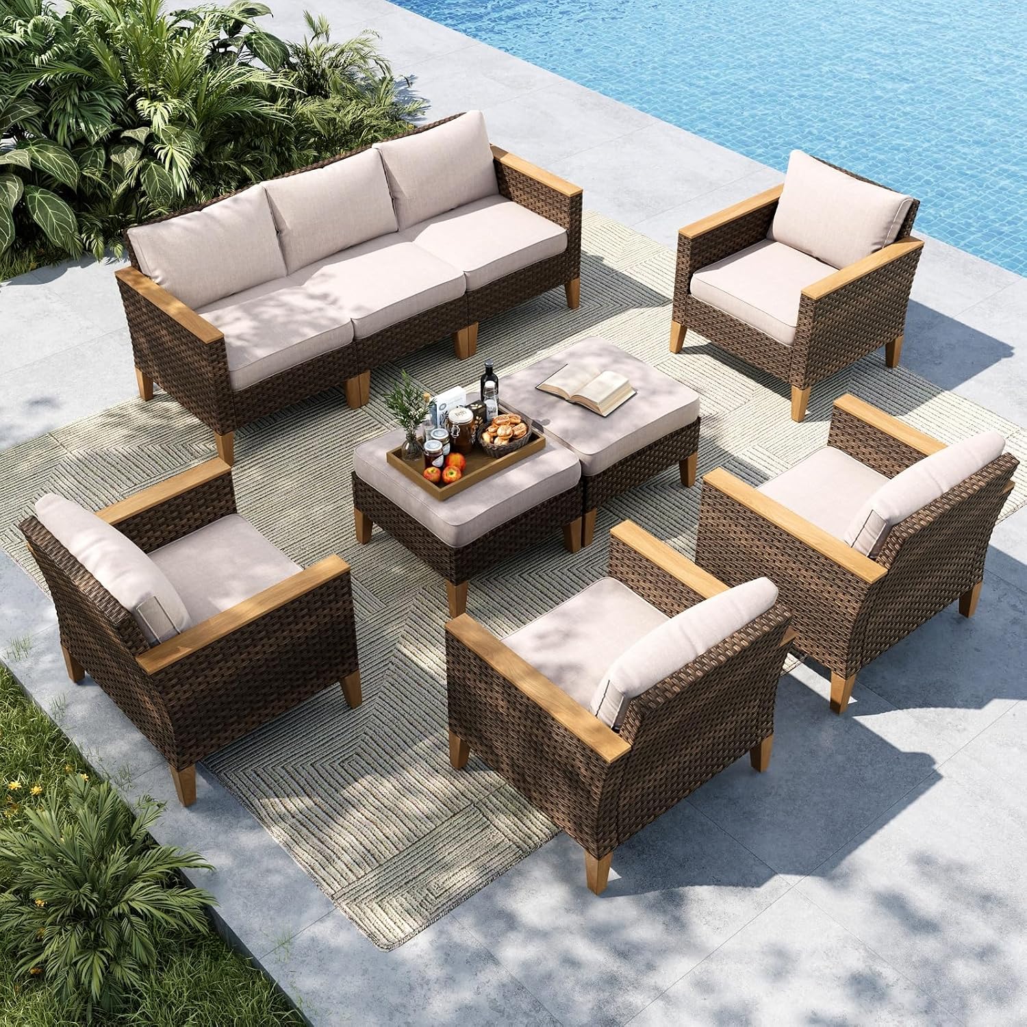 MFSTUDIO 9 Seat Extra Large Wicker Patio Furniture Set, All-Weather Rattan Patio Conversation Sets, 4 x Armrest Chair, 3-Seat Sofa, 2 x Ottoman, Outdoor Patio Sectional Sofa for Garden