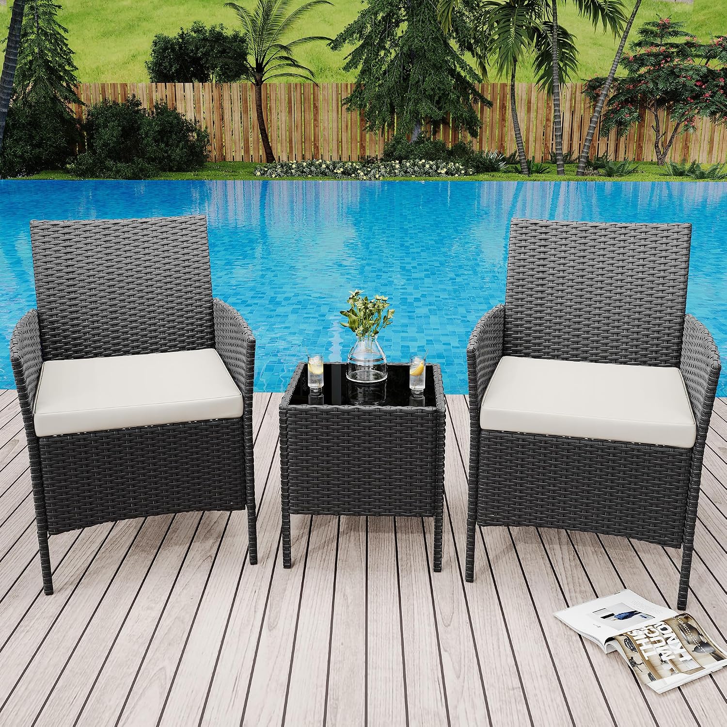 GarveeLife 3 Piece Patio Furniture Set, Rattan Outdoor Furniture with 2 Chairs & Coffee Table, Modern Outdoor Seating Conversation Bistro Set for Garden Backyard Porch (Black and Beige)