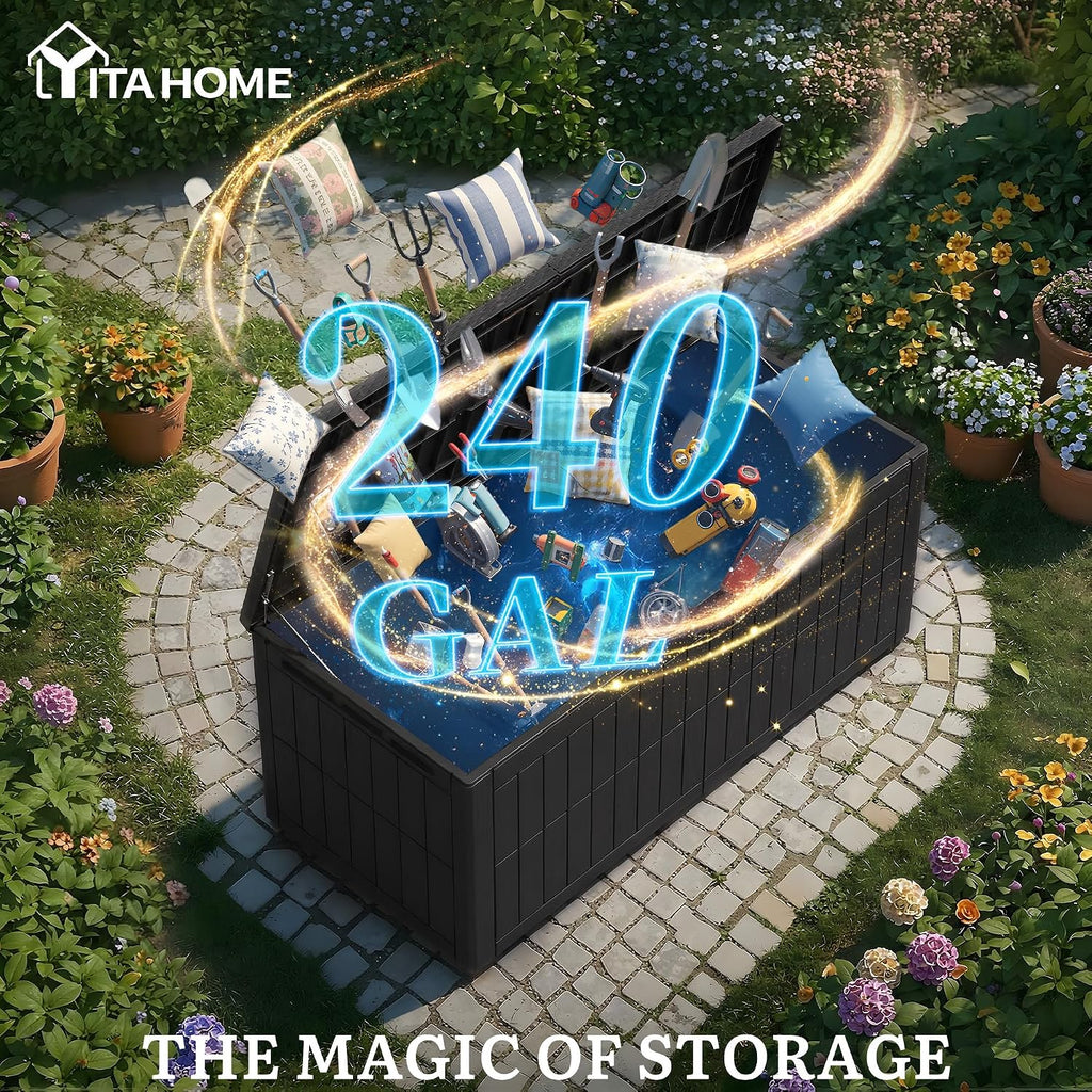 YITAHOME 240 Gallon Large Outdoor Storage Box XXL Resin Deck Box with Lock, Extra-Large Waterproof Patio Furniture Bin and 3-Person Bench Seating for Garden Tools & Pool Accessories, Black