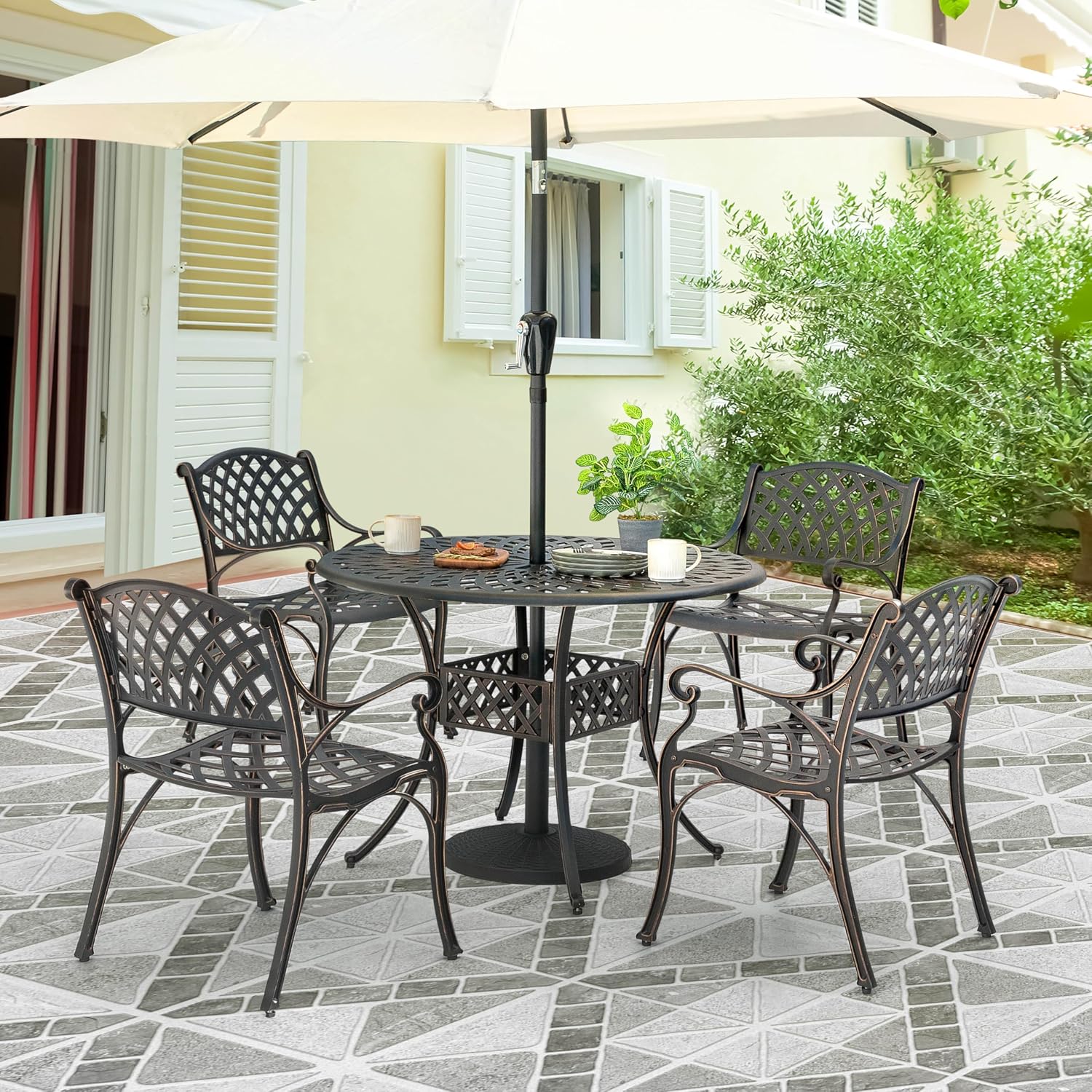 NUU GARDEN 5 Piece Outdoor Patio Dining Set, Cast Aluminum Round Dining Table with Umbrella Hole and Patio Dining Chairs for Patio, Garden, Backyard, Balcony, Black with Bronze Edge
