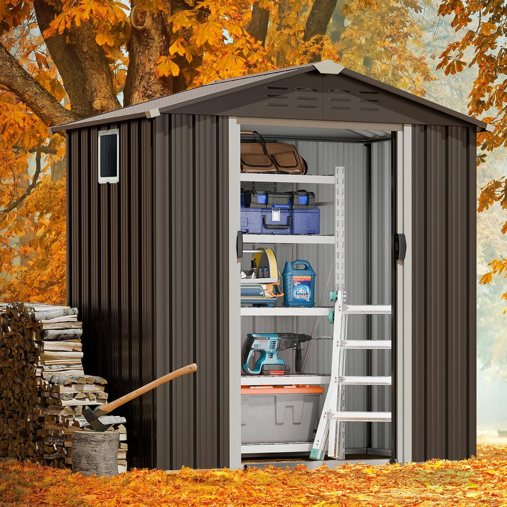 JYQAQA 6x4 FT Outdoor Garden Storage Shed,Waterproof Metal Garden Sheds with Lockable Double Door,Weather Resistant Steel Tool Storage Shed for Patio,Lawn Gray
