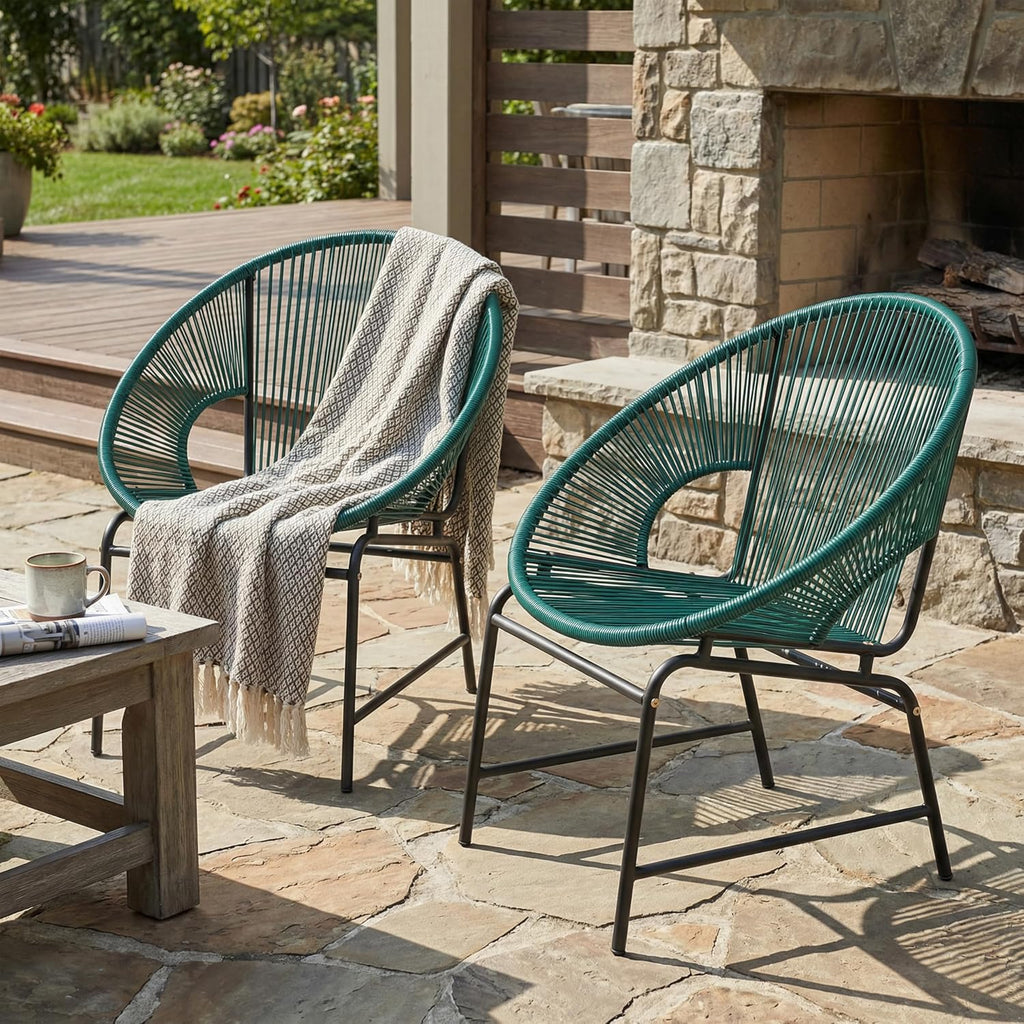 Christopher Knight Home Outdoor Wicker Chairs Set of 2, Patio Papasan Chair with Metal Frame, Faux Rattan Lounge Chair Outdoor, Teal