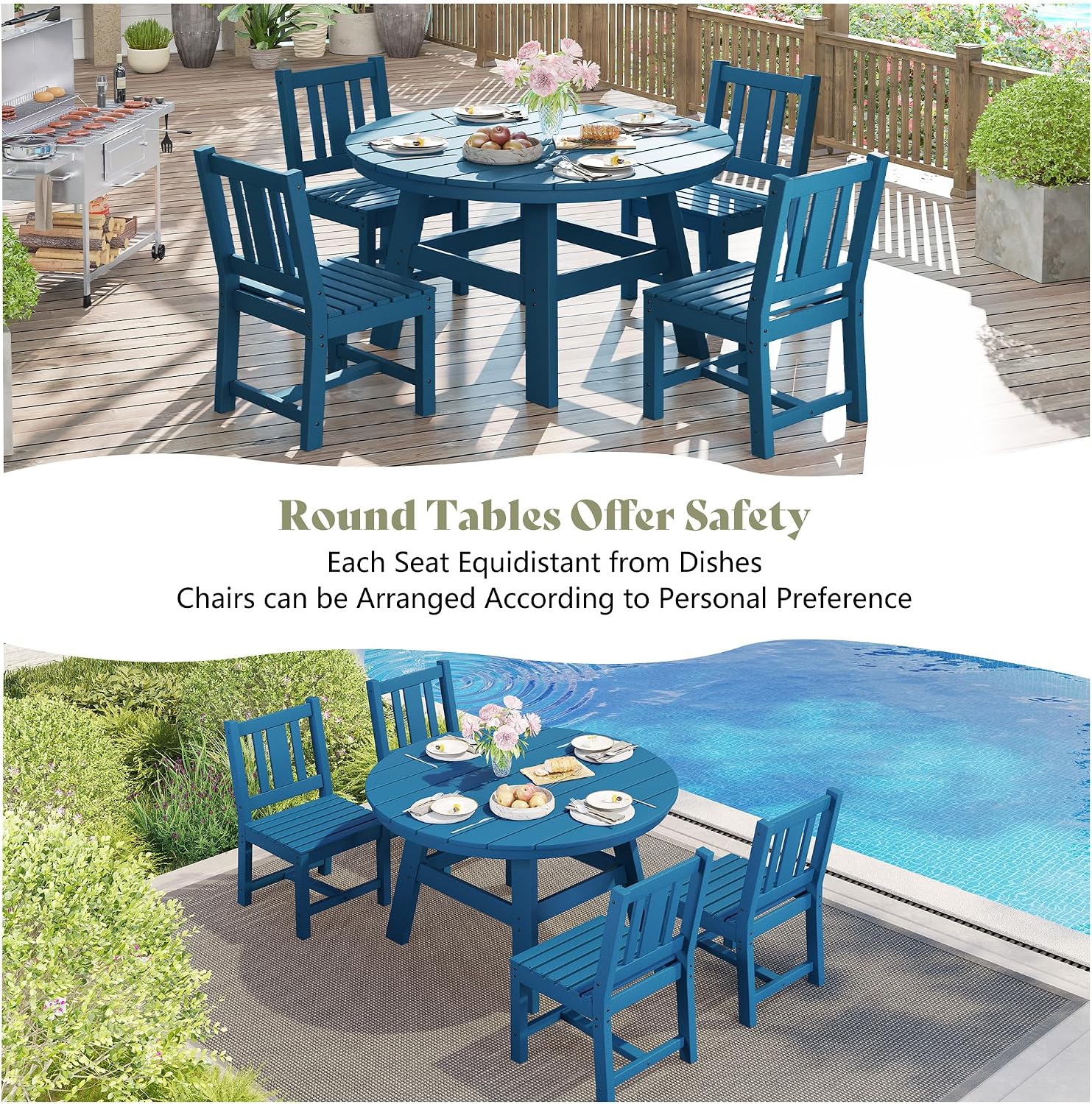 AMERLIFE 5 Piece HDPE Outdoor Dining Table & Chairs Set, All-Weather Patio Table and Chairs Set Furniture with Umbrella Hole for Garden, Backyard, Poolside, Seaside, Blue
