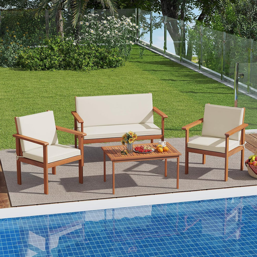 Tangkula 4 Pieces Acacia Wood Patio Conversation Set, Outdoor Wooden Cushioned Chairs & Slatted Coffee Table Set,for Backyard, Porch, Balcony, Poolside and Lawn (Off White,1)