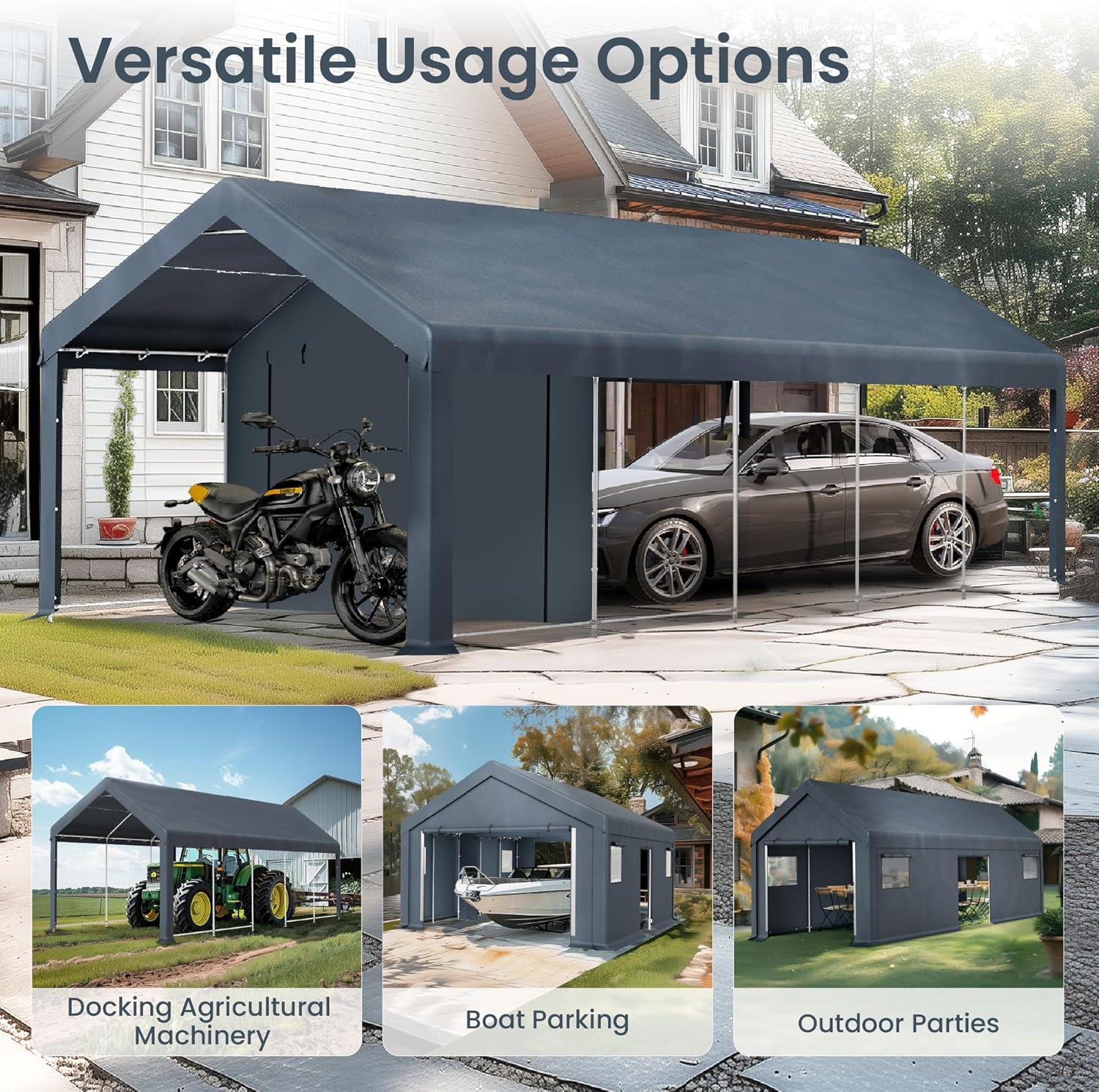 PHI VILLA Portable Garage Carport,13x24ft Car Tent Shed Carports canopy Outside Storage Tents Shelter, Heavy Duty Garages Shelters Waterproof UV Resistant with Rollup Zipper Doors for Cars,Boats,Tools