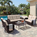 UPHA 6 Pieces Patio Furniture Sets, Wicker Outdoor Sofa Set with Loveseat & 3-Seat Couch, Swivel Chairs, Patio Conversation Set for Deck Backyard Garden, Brown Rattan, Beige Cushion