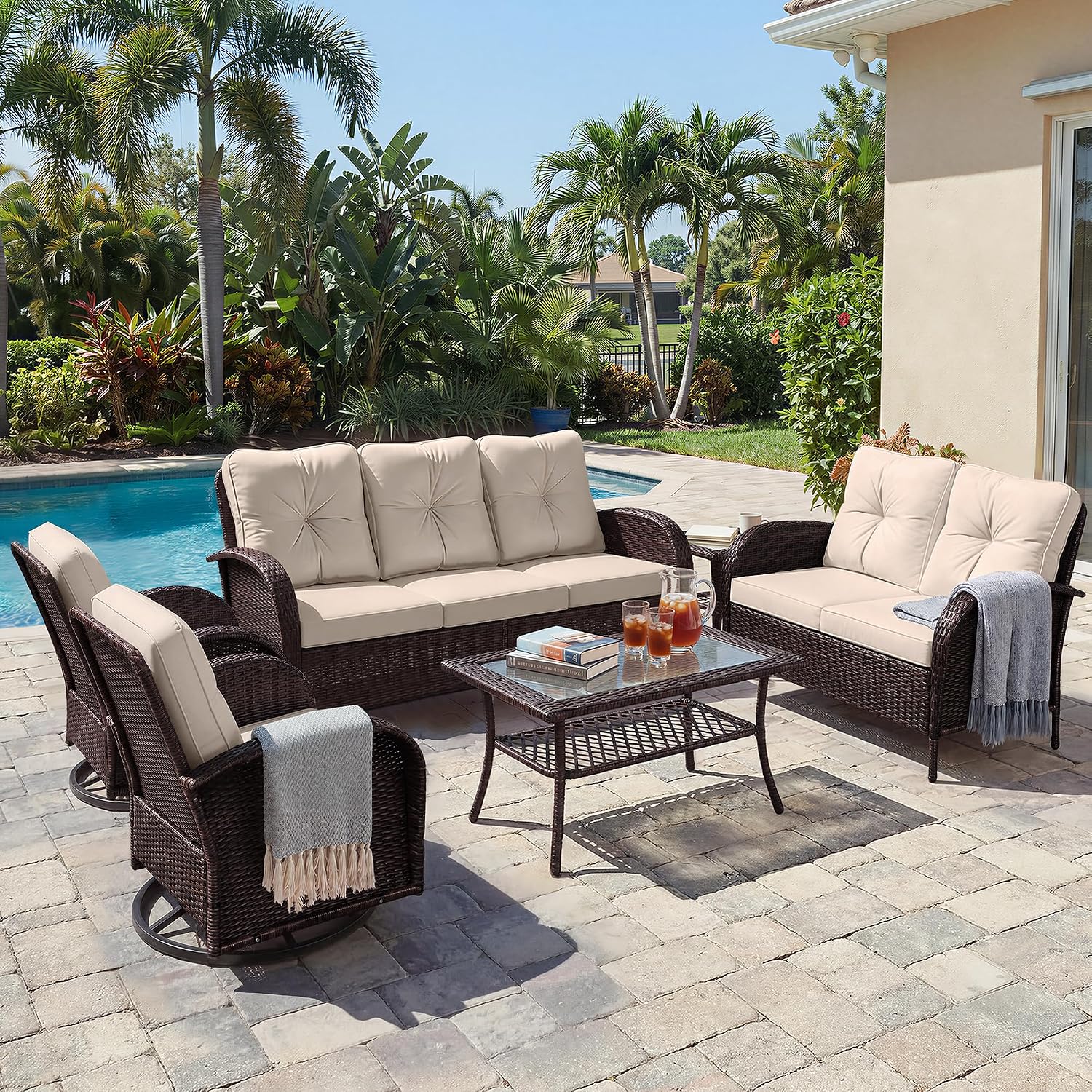 UPHA 6 Pieces Patio Furniture Sets, Wicker Outdoor Sofa Set with Loveseat & 3-Seat Couch, Swivel Chairs, Patio Conversation Set for Deck Backyard Garden, Brown Rattan, Beige Cushion