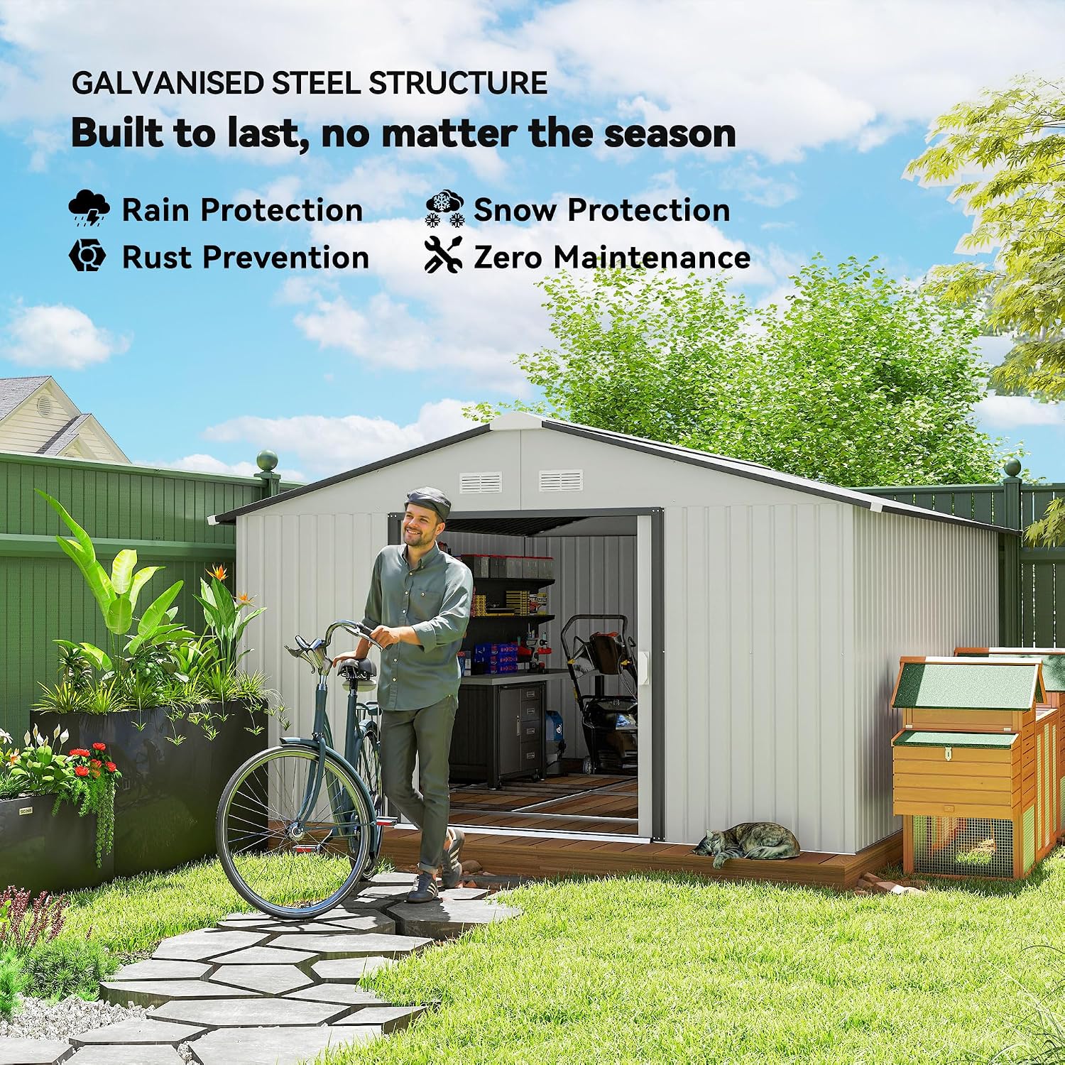 Outsunny 11' x 13' Outdoor Storage Shed, Garden Tool Metal Shed with Foundation Kit, Double Lockable Door, Air Vents and Sloping Roof, for Backyard, Patio, Lawn, White