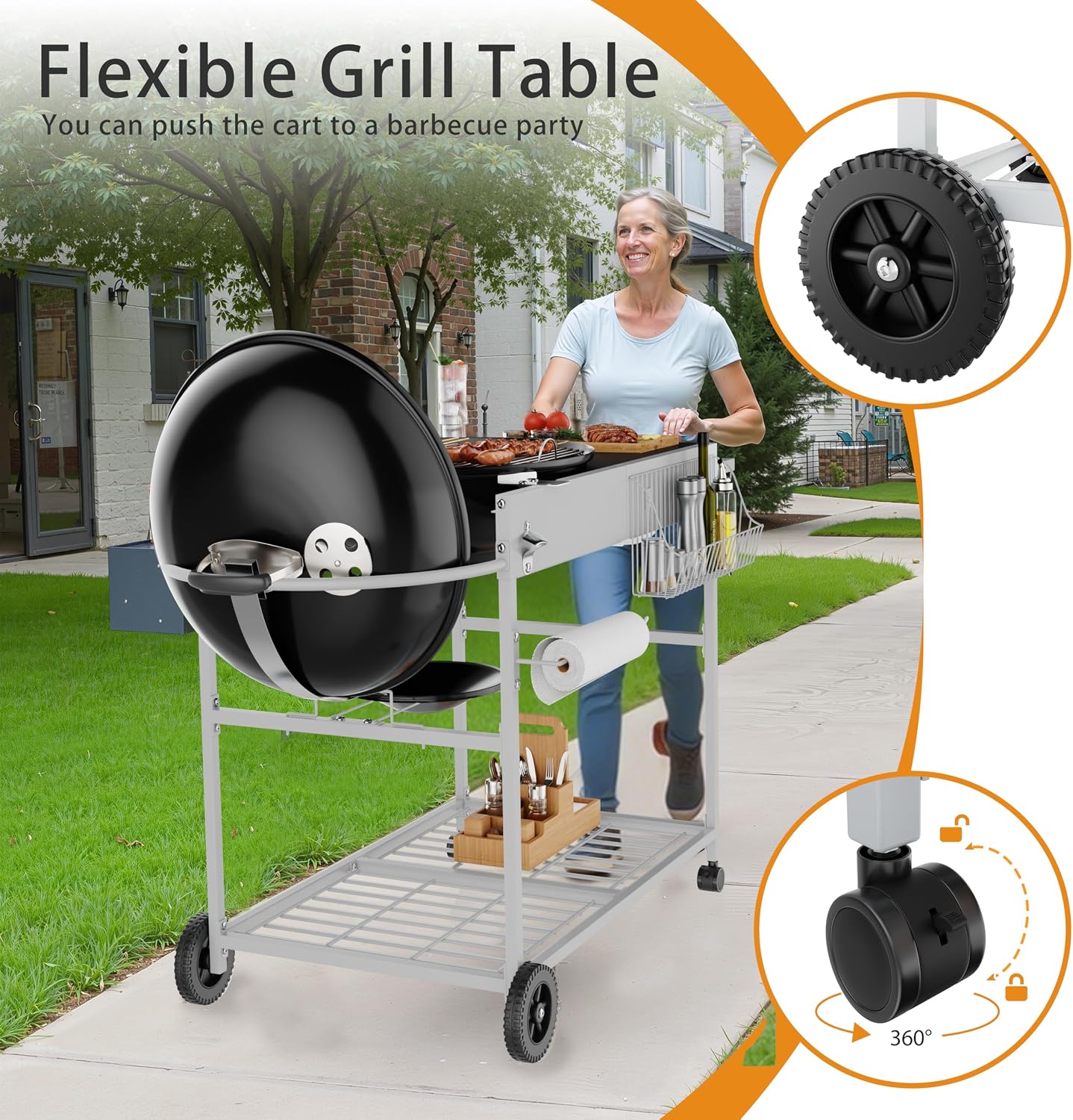 Vongrasig Grill Cart for Weber Kettle 18' & 22', Charcoal Grill Table, Outdoor Kitchen Island with Storage for Jumbo Joe,Master-Touch Charcoal Grill, Silver