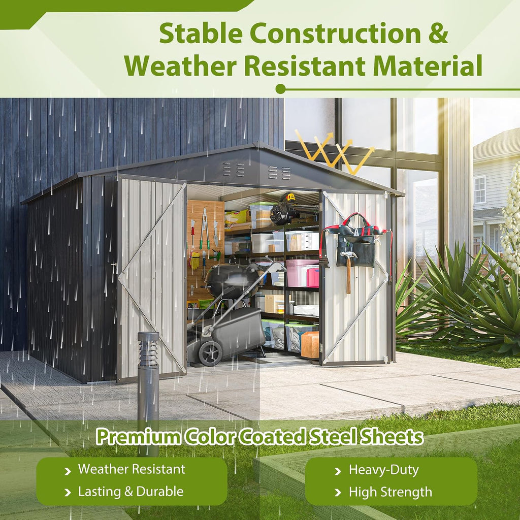 10x8 FT Outdoor Storage Shed with Lockable Double Doors, Aluminum Frame, Weatherproof with Frame Floor, Metal Tool Shed for Garden, Backyard, Patio, and Equipment Storage