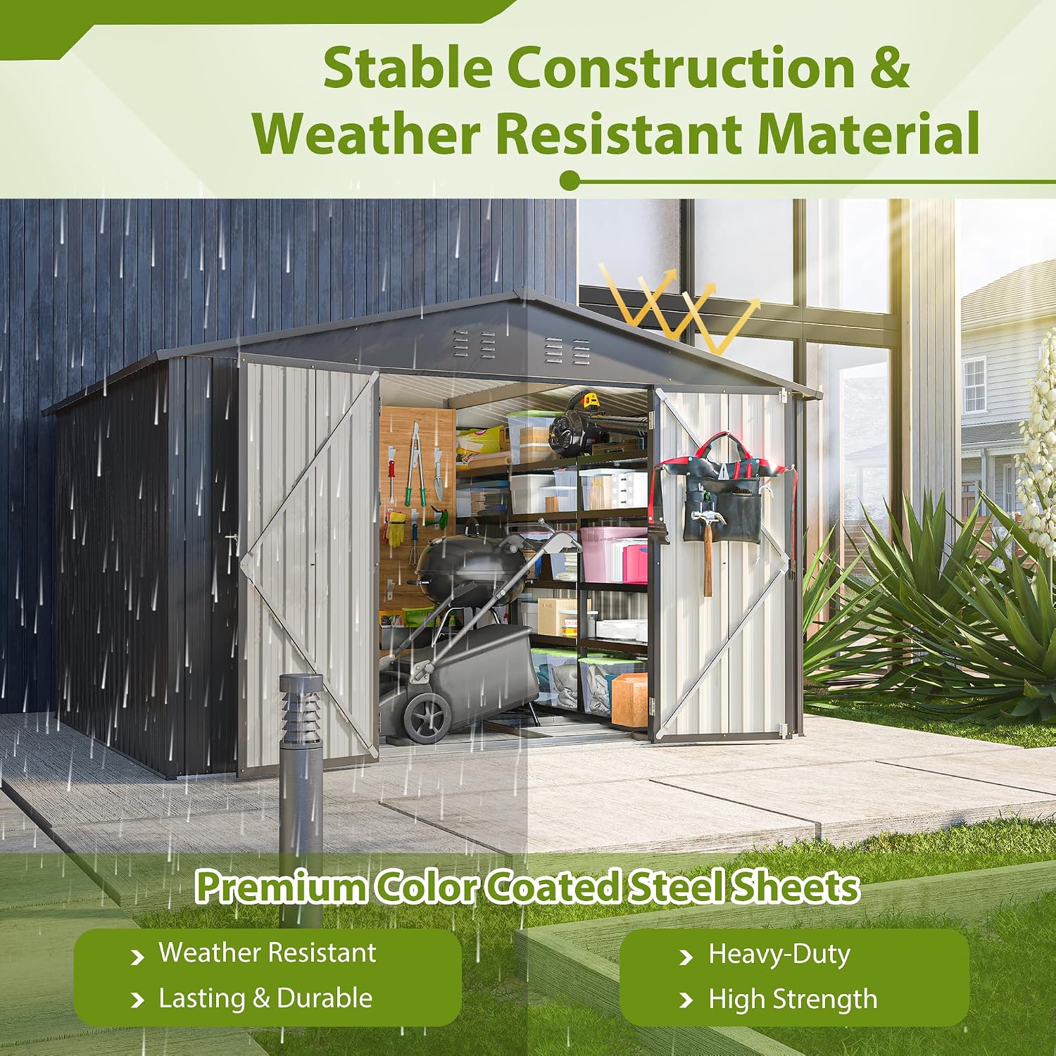 10x8 FT Outdoor Storage Shed with Lockable Double Doors, Aluminum Frame, Weatherproof with Frame Floor, Metal Tool Shed for Garden, Backyard, Patio, and Equipment Storage