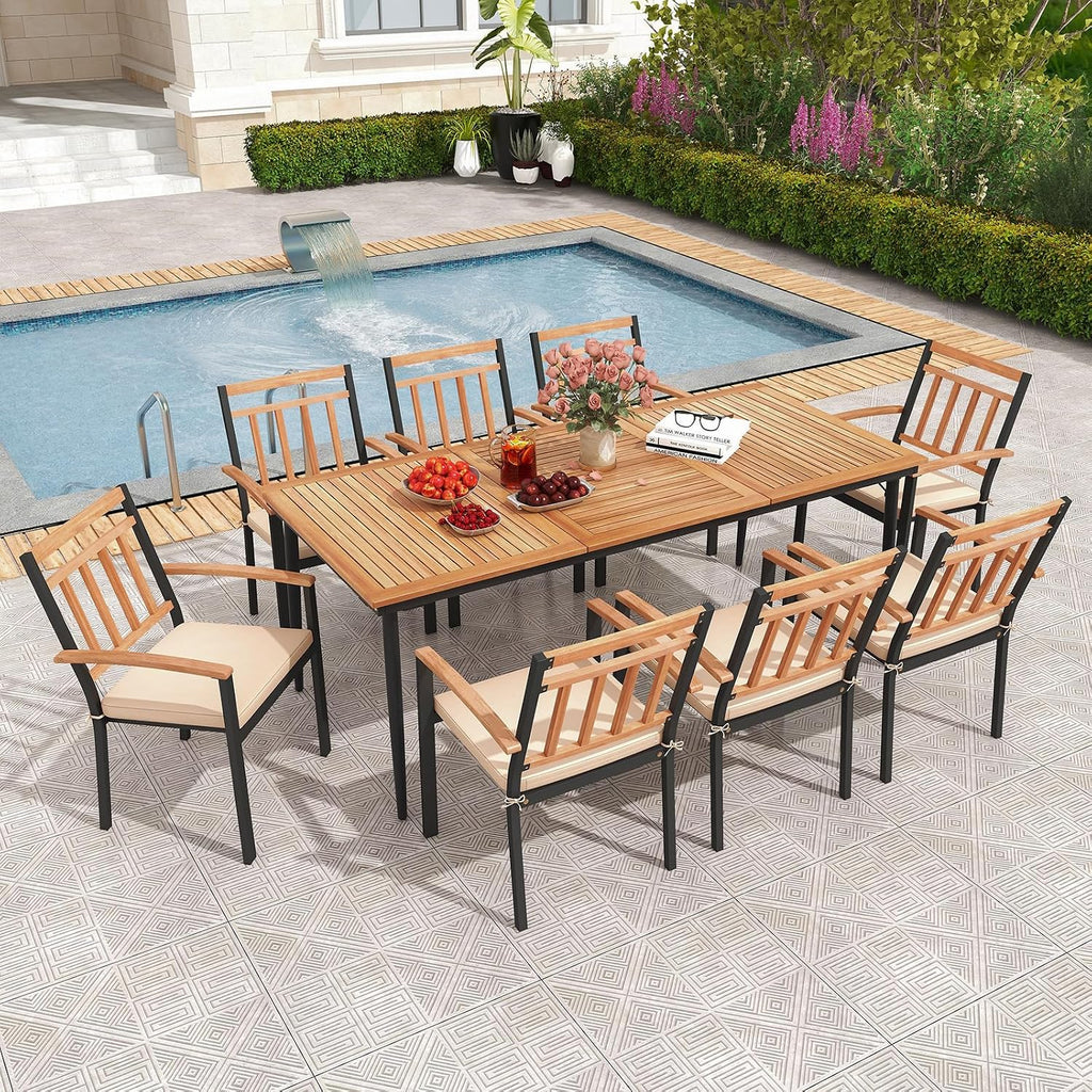 Tangkula 9-Piece Patio Dining Set, 79' Rectangle Dining Tables with 8 Wooden Armchairs, Outdoor Acacia Wood Dining Furniture Set with 1.9' Umbrella Hole for Garden, Porch, Deck