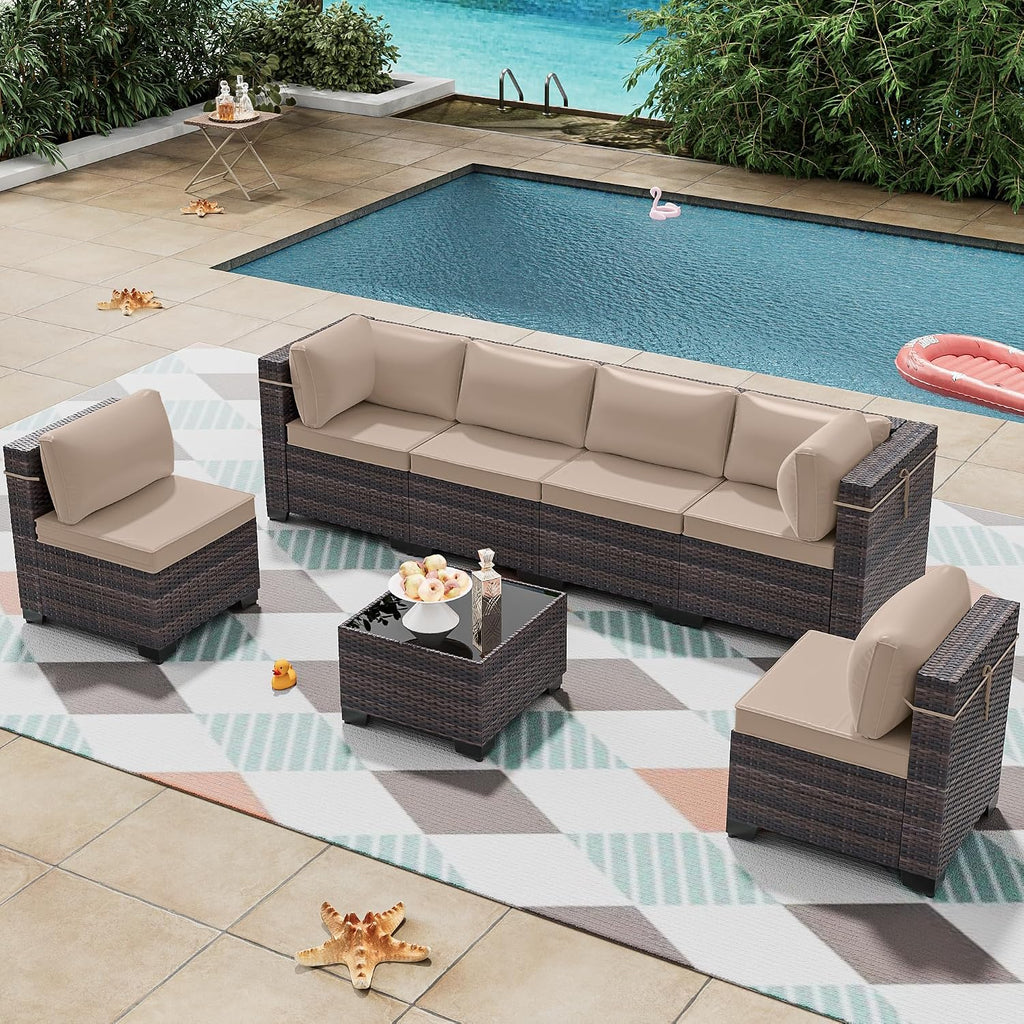 7 Pieces Outdoor Patio Furniture Set,Outdoor Sectional Furniture All Weather PE Rattan Wicker Patio Conversation Set with Coffee Table and 6 Thickened Cushions,Sand