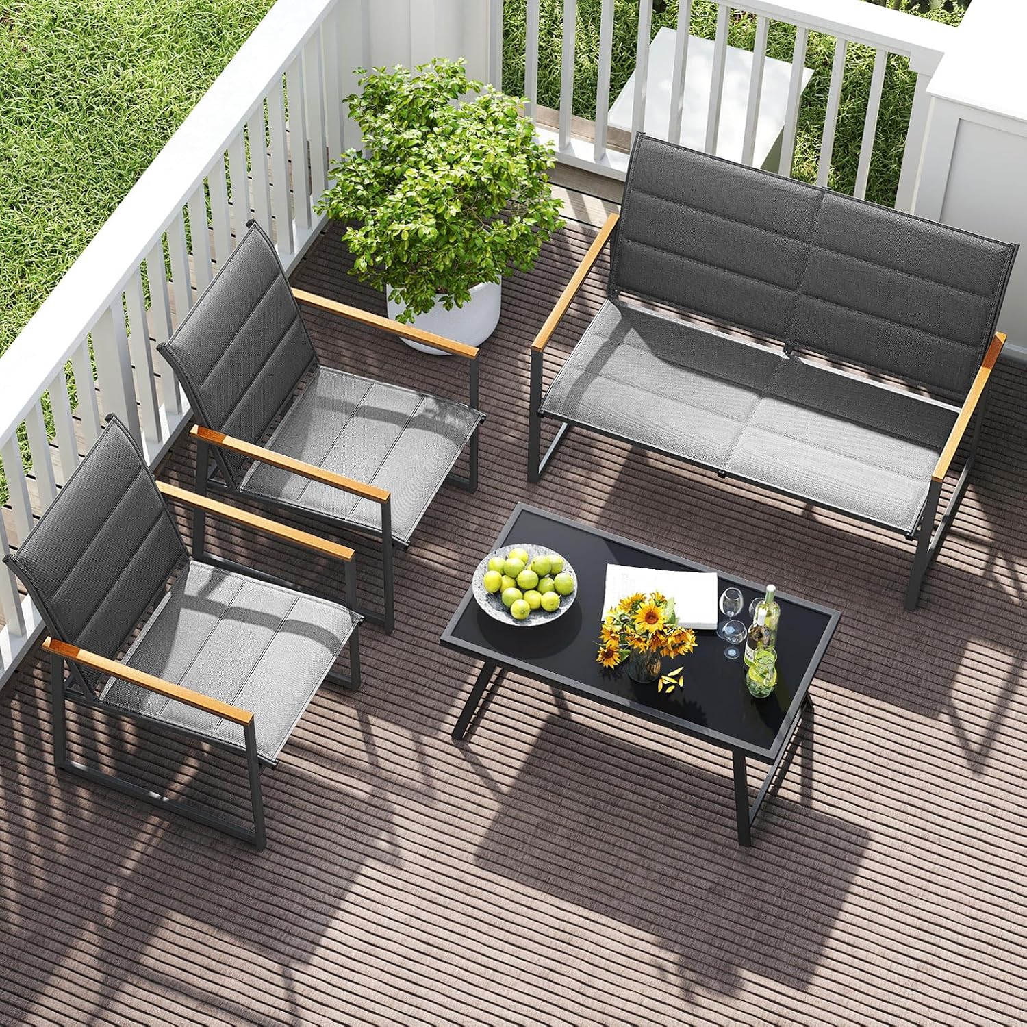 Tangkula 4 Piece Patio Furniture Set, Outdoor Metal Conversation Set with Padded Fabric Seat & Wood-Plastic Armrests, Sectional Sofa Set with Tempered Glass Coffee Table for Backyard, Porch (Gray)