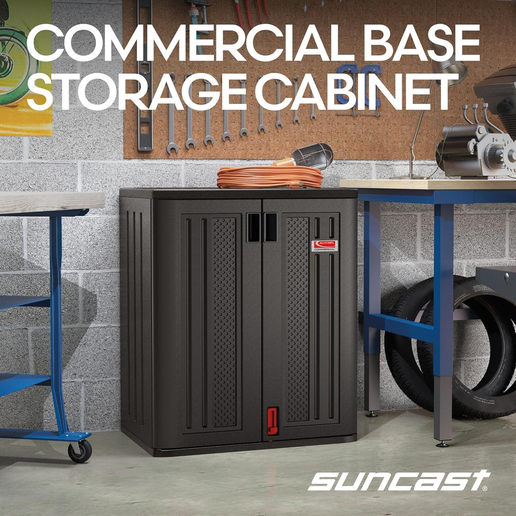 Suncast Heavy-Duty Resin Outdoor Storage Cabinet, 30' W x 20.25' D x 36' H Dark Grey Base Garage Storage Cabinet with Lockable Doors and Metal Reinforced Shelves, Made in The USA