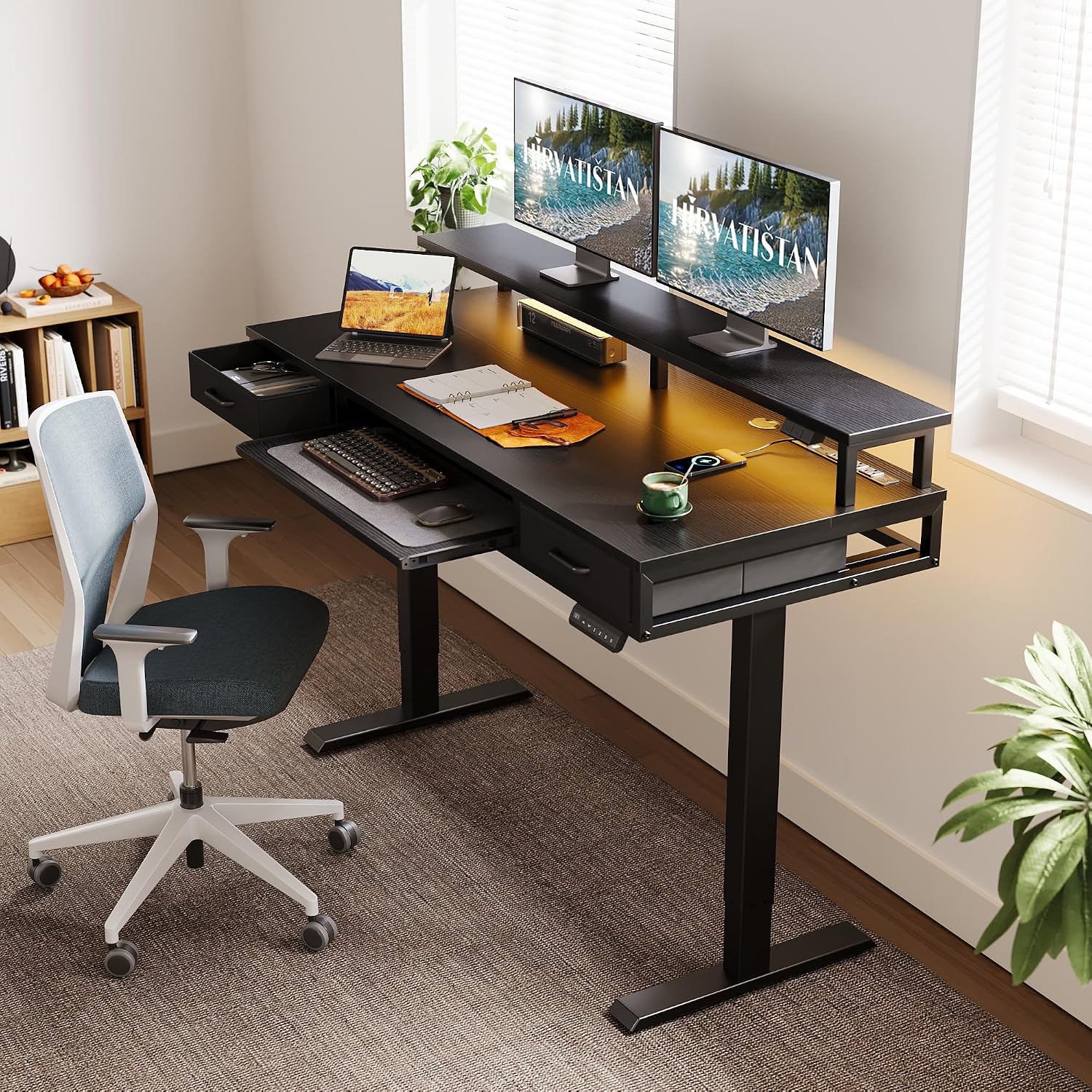 AODK Electric Standing Desk with Drawers & Keyboard Tray, 55 Inch Height Adjustable Desk with Power Outlets & LED Lights, Sit Stand Table with Monitor Stand for Home, Office, Black