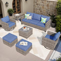 ovios 7 Pieces Patio Furniture Set, Outdoor Wicker Rattan Sofa Couch with Swivel Glider Chairs Glass Table Comfy Cushions Modern Conversation Set for Backyard Porch, Denim Blue