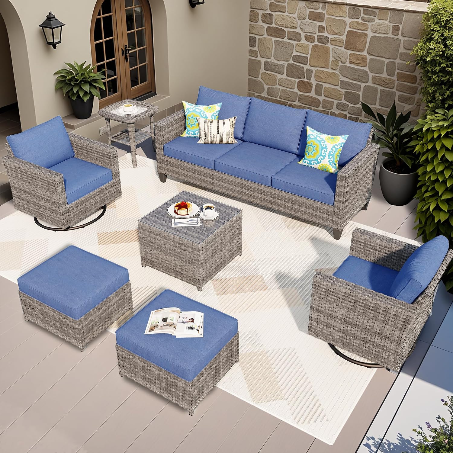 ovios 7 Pieces Patio Furniture Set, Outdoor Wicker Rattan Sofa Couch with Swivel Glider Chairs Glass Table Comfy Cushions Modern Conversation Set for Backyard Porch, Denim Blue