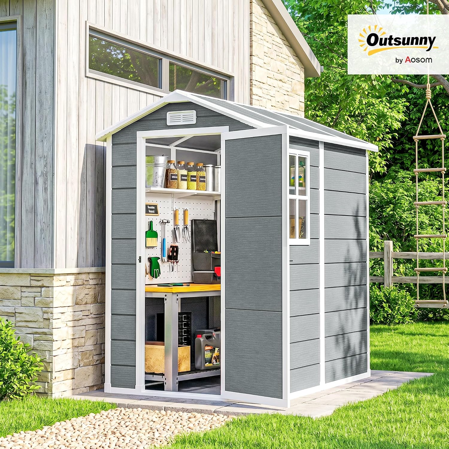 Outsunny 6' x 4' Outdoor Storage Shed, Waterproof Resin Plastic Shed with Floor, Window, Lockable Doors and Vents, All-Weather Garden Tool Shed for Backyard, Patio, Lawn, Gray