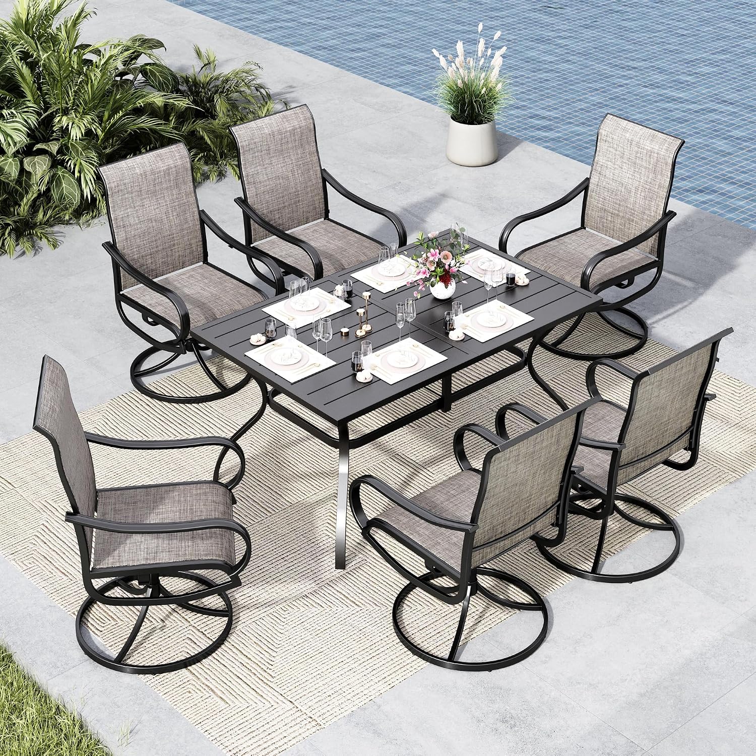 MFSTUDIO Patio Table and Chairs Set of 6, Outdoor Dining Set for 6 with Umbrella Hole, Outdoor Patio Furniture Set for Deck, Backyard, Poolside & Garden