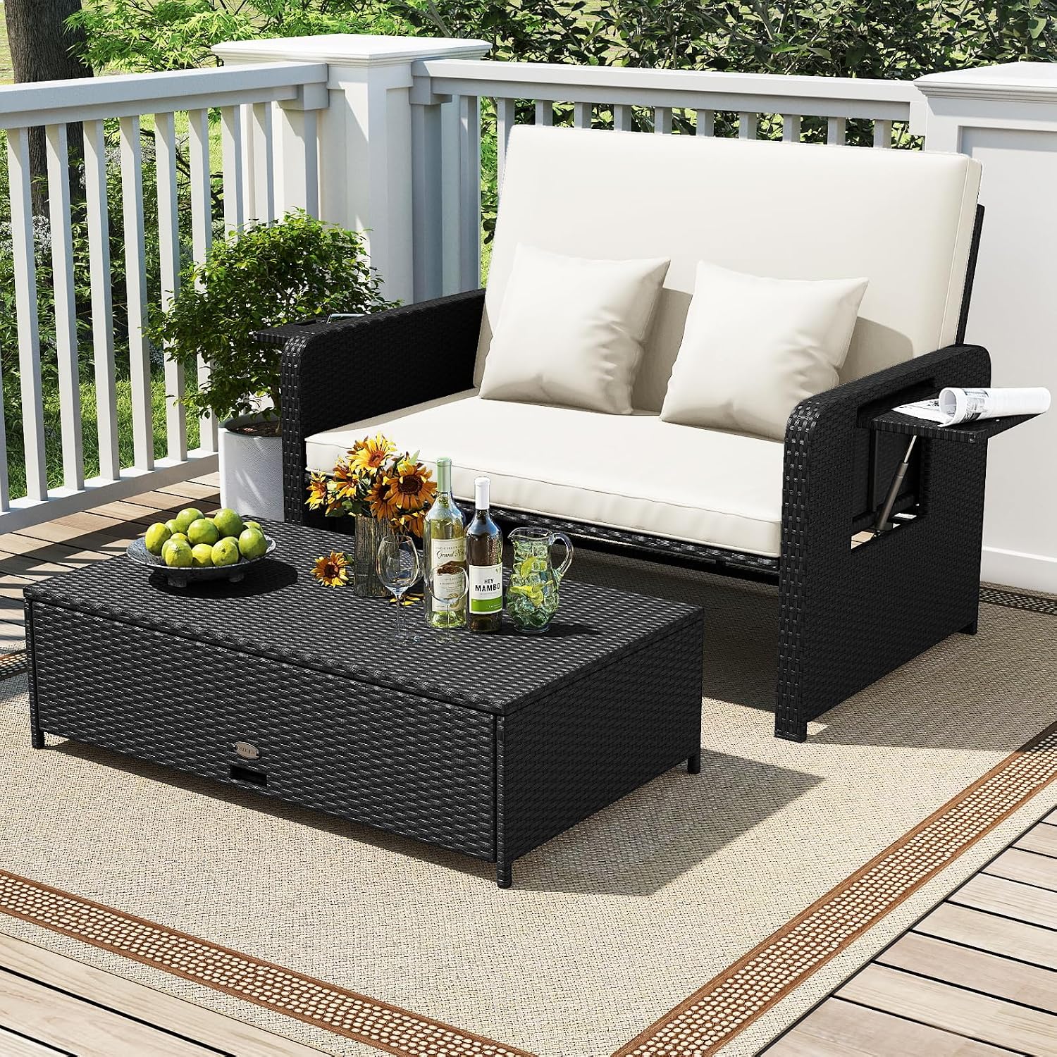 Tangkula Patio Rattan Daybed with 4-Level Adjustable Backrest, Outdoor PE Wicker Loveseat with Storage Ottoman & Folding Side Tray, Double Sunbed Lounger for Balcony, Backyard & Poolside (White)