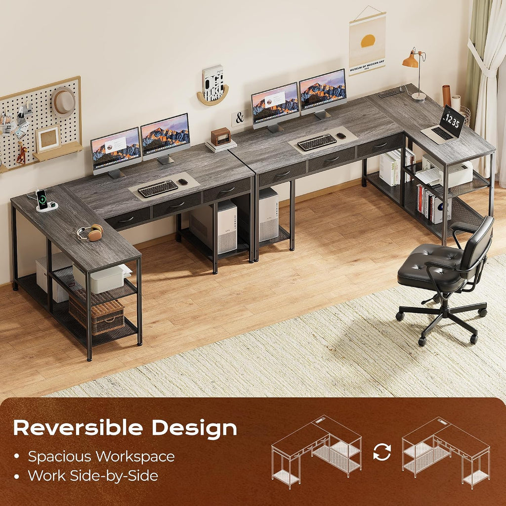 PRAISUN 55 Inch L Shaped Office Desk with Power Outlets and Type-C Port, Large Computer Gaming Desk with 3 Fabric Drawers, Mesh Shelves, Corner Study Work Writing Desk, Grey