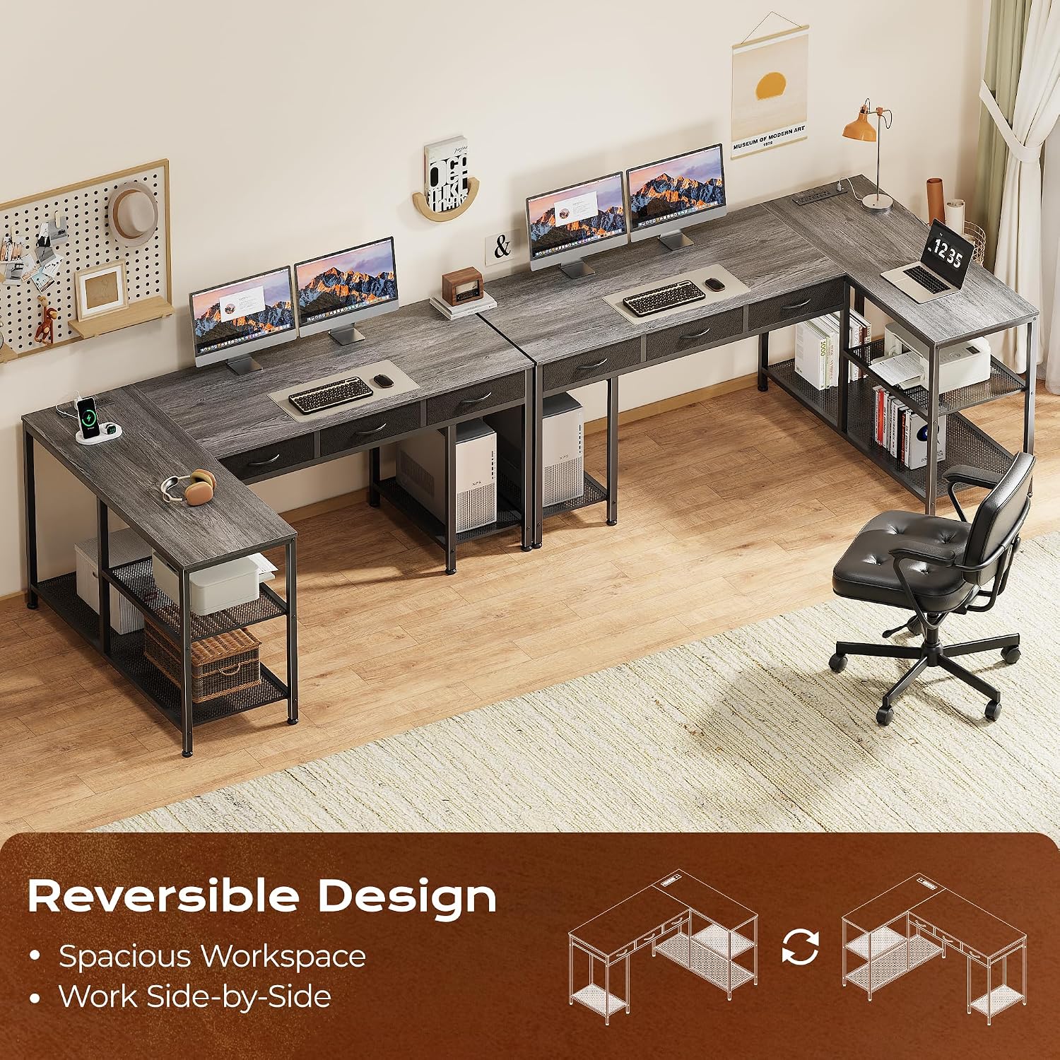 PRAISUN 55 Inch L Shaped Office Desk with Power Outlets and Type-C Port, Large Computer Gaming Desk with 3 Fabric Drawers, Mesh Shelves, Corner Study Work Writing Desk, Grey