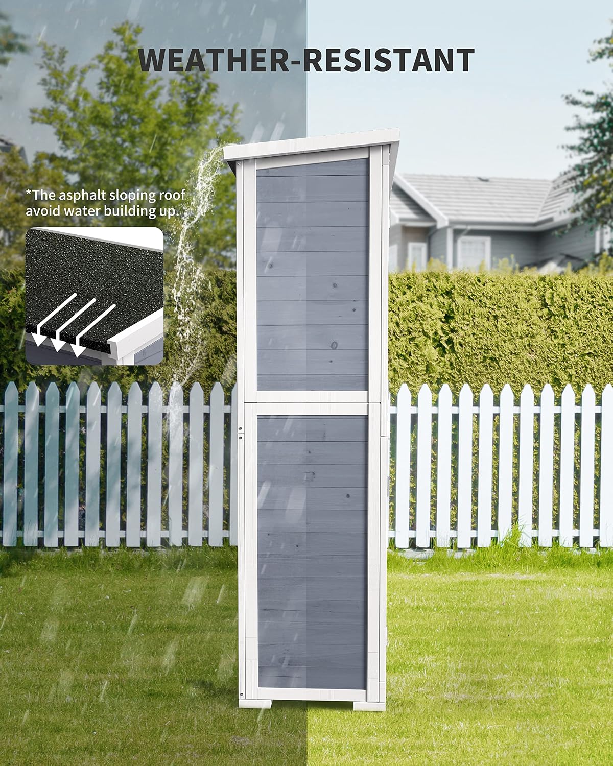 Gizoon Outdoor Storage Cabinet with 3 Shelves, Double Lockable Wooden Garden Shed with Waterproof Roof, Outside Vertical Tall Tool Shed for Yard Patio Lawn Deck-Grey