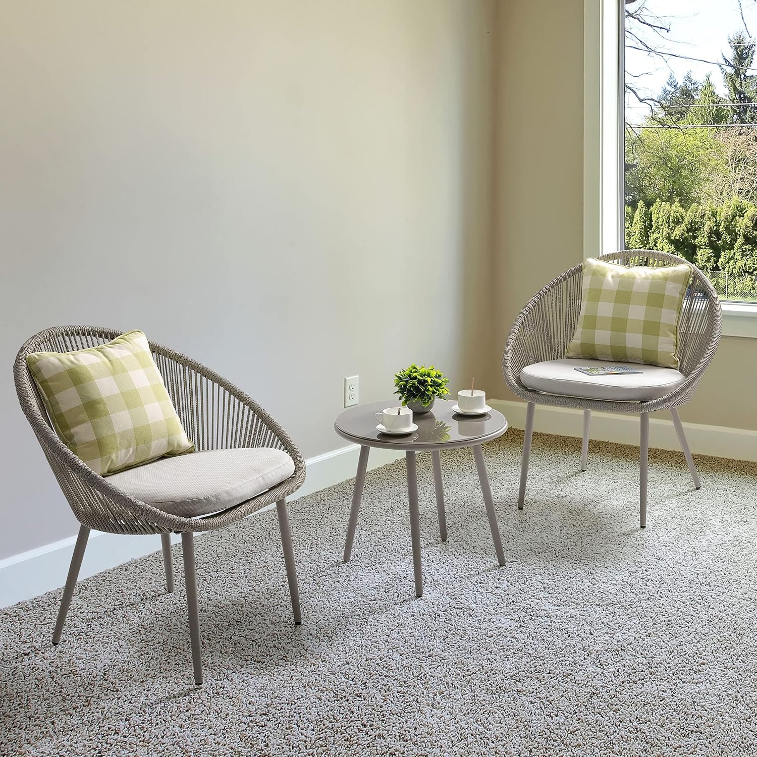 NUU GARDEN 3 Piece Outdoor Bistro Set, Woven Rope Conversation Patio Set, All Weather Patio Furniture Chairs and Table with Cushions for Garden, Deck, Backyard, Balcony, Porch, Beige