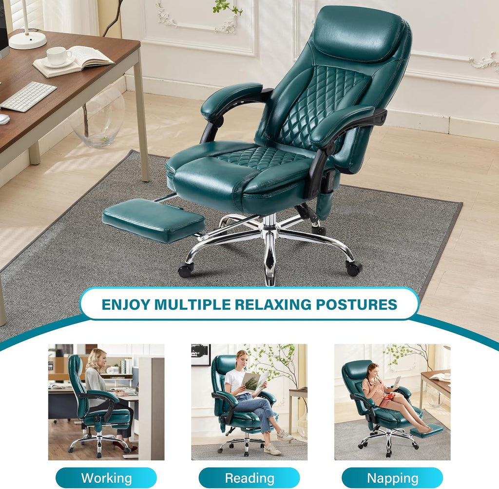 6-Point Massage Office Chair with Heated, Ergonomic Office Chair with Footrest & 45°Reclining High Back, Big and Tall Executive Office Chair 500LBS, Thick Cushion Desk Chair for Home Office, Green(PU)