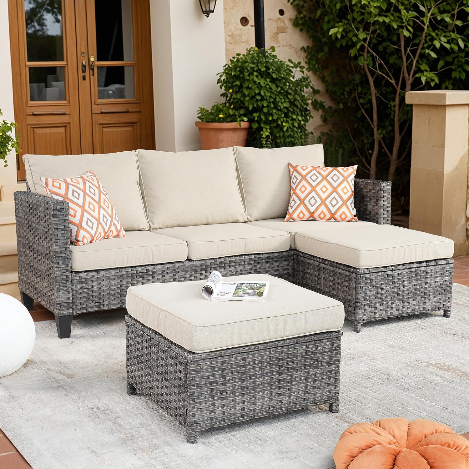 ovios Patio Sofa 3 Pieces Patio Furniture Set Outdoor Wicker Sofa Couch with Ottomans Thick Cushions, All Weather Rattan Conversation Set for Porch Backyard Deck, Beige