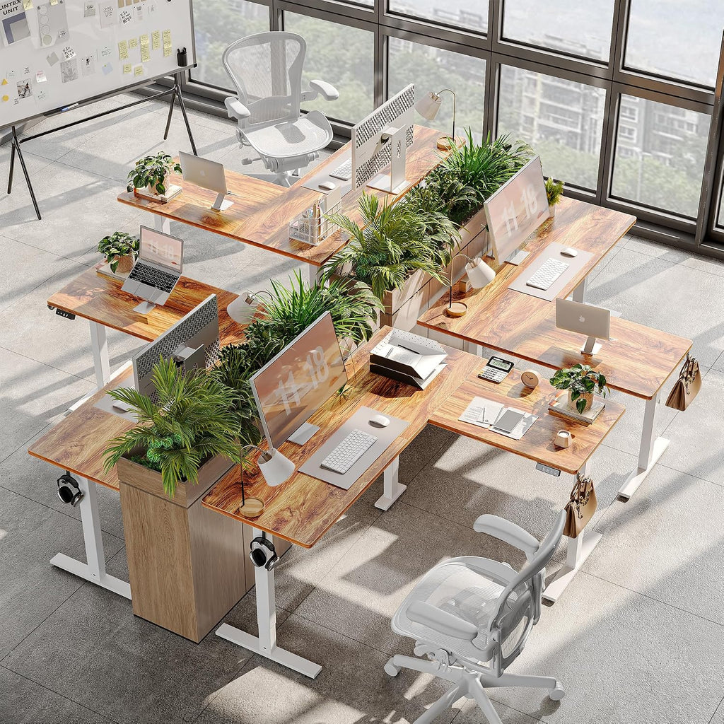 TIQLAB Standing Desk L Shaped, 63x55 Inch Adjustable Height, Electric Stand Up Desk, Corner Sit Stand Desk with Splice Board, Light Rustic Brown