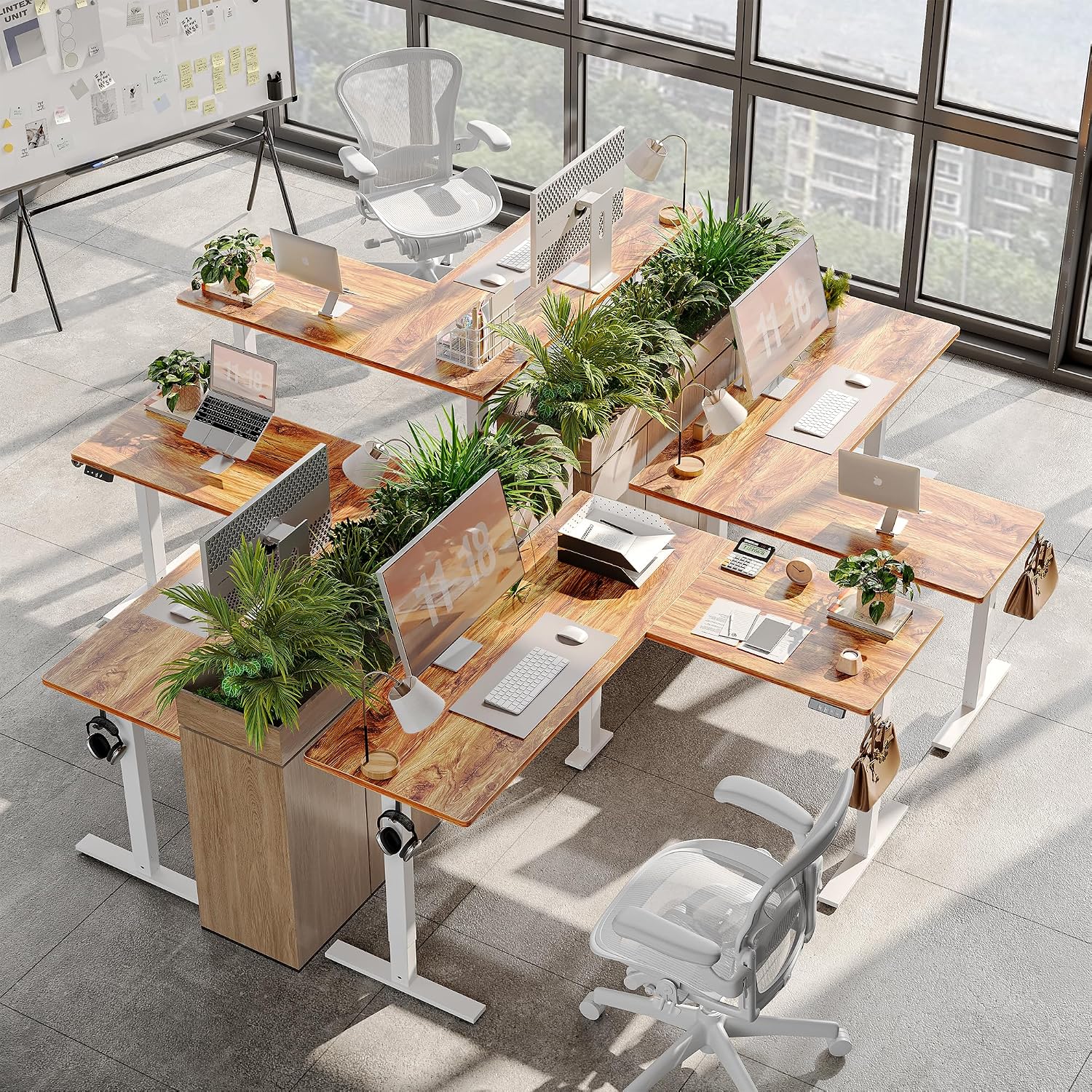 TIQLAB Standing Desk L Shaped, 63x55 Inch Adjustable Height, Electric Stand Up Desk, Corner Sit Stand Desk with Splice Board, Light Rustic Brown