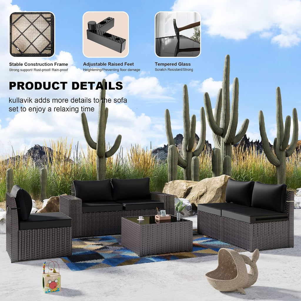 Kullavik Outdoor Patio Furniture Set 6 Pieces Sectional Rattan Sofa Set Brown PE Rattan Wicker Patio Conversation Set with 5 Seat Cushions and 1 Tempered Glass Table,Black