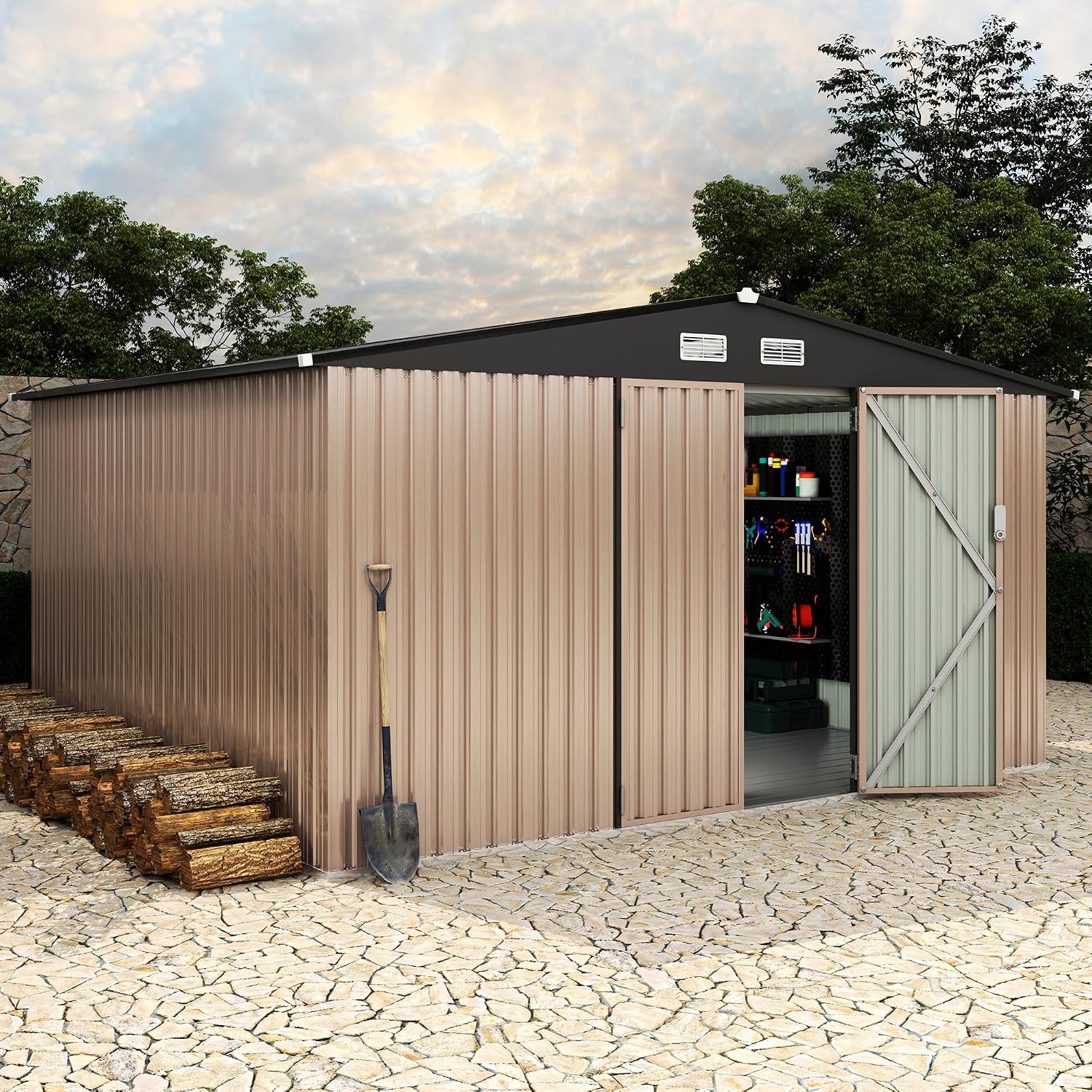 GarveeLife 10x12x6.4 ft Outdoor Storage Sheds with Floor, Metal Garden Tool Shed for Backyard, Large Metal Sheds Outdoor Storage With Lockable Doors & Air Vents for Backyard Garden Patio Lawn