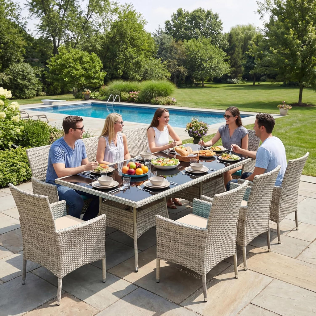 10-Piece Patio Dining Set, Patio Furniture Set with Square Tempered Glass Table & 8 Wicker Chairs, Expandable Design for Larger Groups, Outdoor Furniture for Backyard, Deck, Garden, Beige