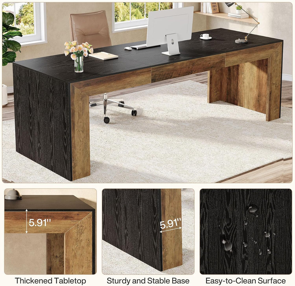 Tribesigns 78.7-Inch Long Computer Desk for 2 People, Farmhouse Executive Desk with Wooden Desktop and Legs, Large Workstations Writing Table Gaming Table for Home Office, Heavy Duty, Black + Brown