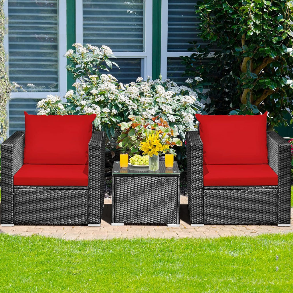 HAPPYGRILL 3 Piece Patio Furniture Set Rattan Wicker Patio Conversation Set with Coffee Table and Cushions Outdoor Sofa Set for Garden Balcony Porch Poolside