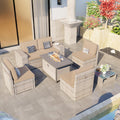 7-Piece Patio Furniture Set, Outdoor Extra Wide Armrest Modular Patio Sofa with Fire Pit Table, Dual-Strand Rattan Wicker High Back Large Seat Furniture for Backyard Porch Garden Balcony, Khaki