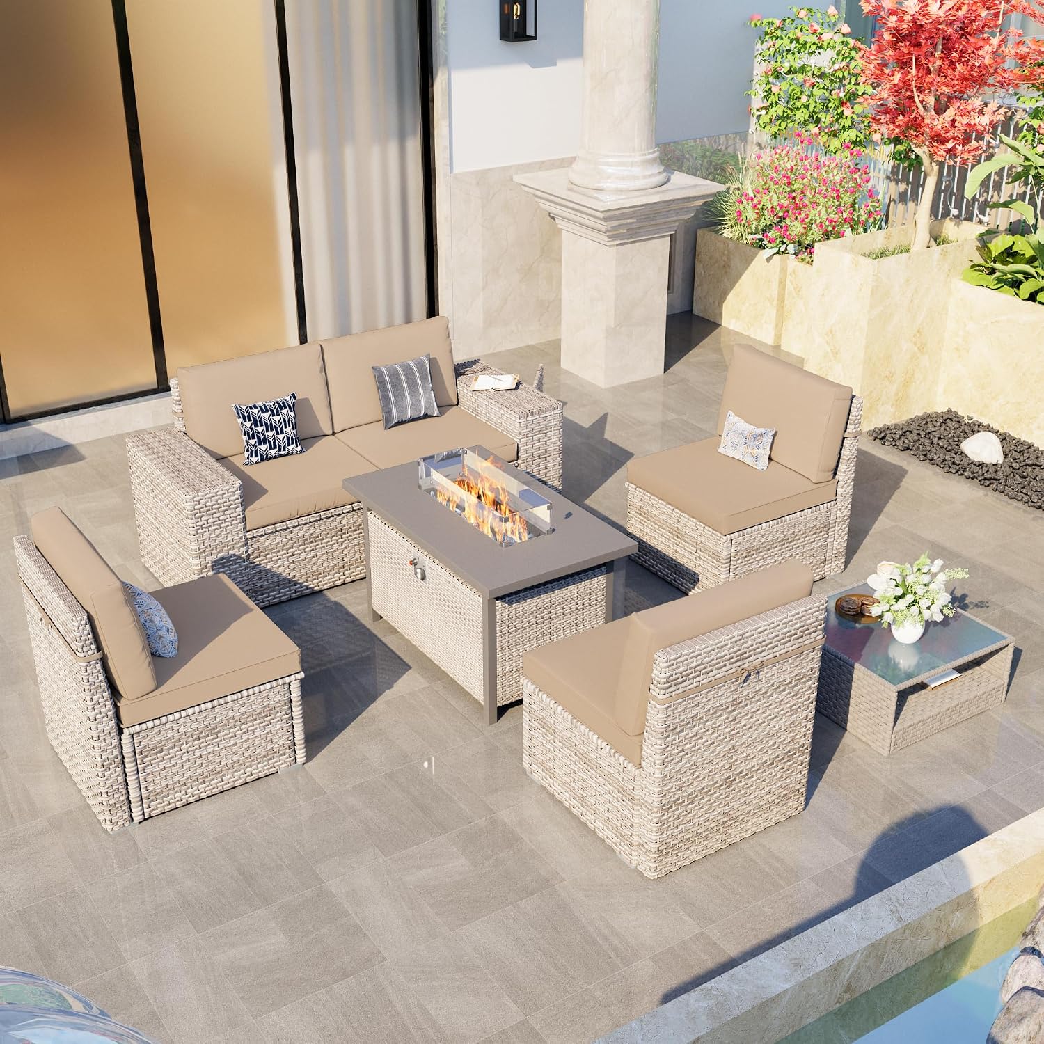 7-Piece Patio Furniture Set, Outdoor Extra Wide Armrest Modular Patio Sofa with Fire Pit Table, Dual-Strand Rattan Wicker High Back Large Seat Furniture for Backyard Porch Garden Balcony, Khaki