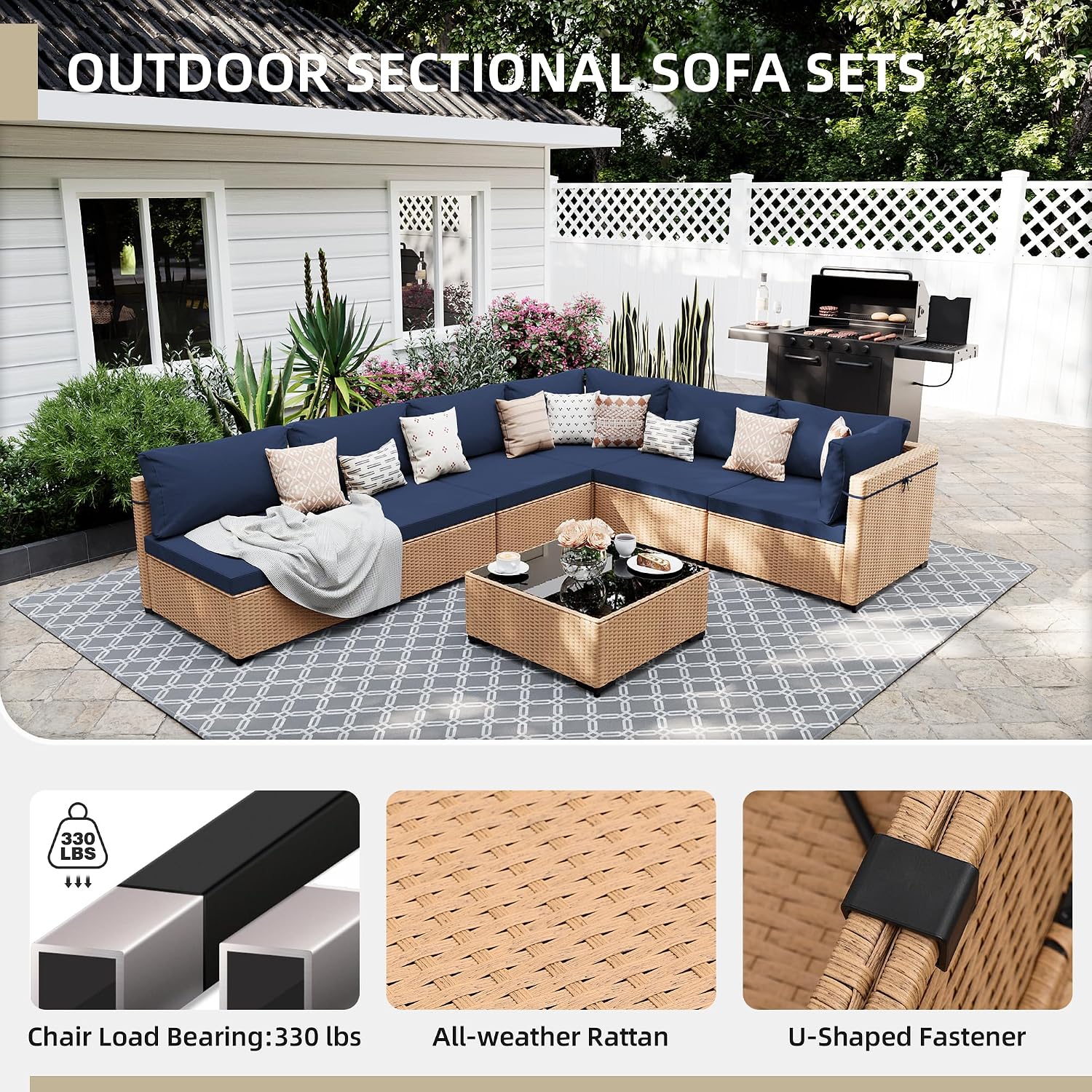 UPHA 9 Pieces Patio Furniture Sets, Wicker Outdoor Sectional Sofa Couch with Rectangle Propane Pit for Deck Backyard Garden, Beige Rattan, Navy Blue Cushion