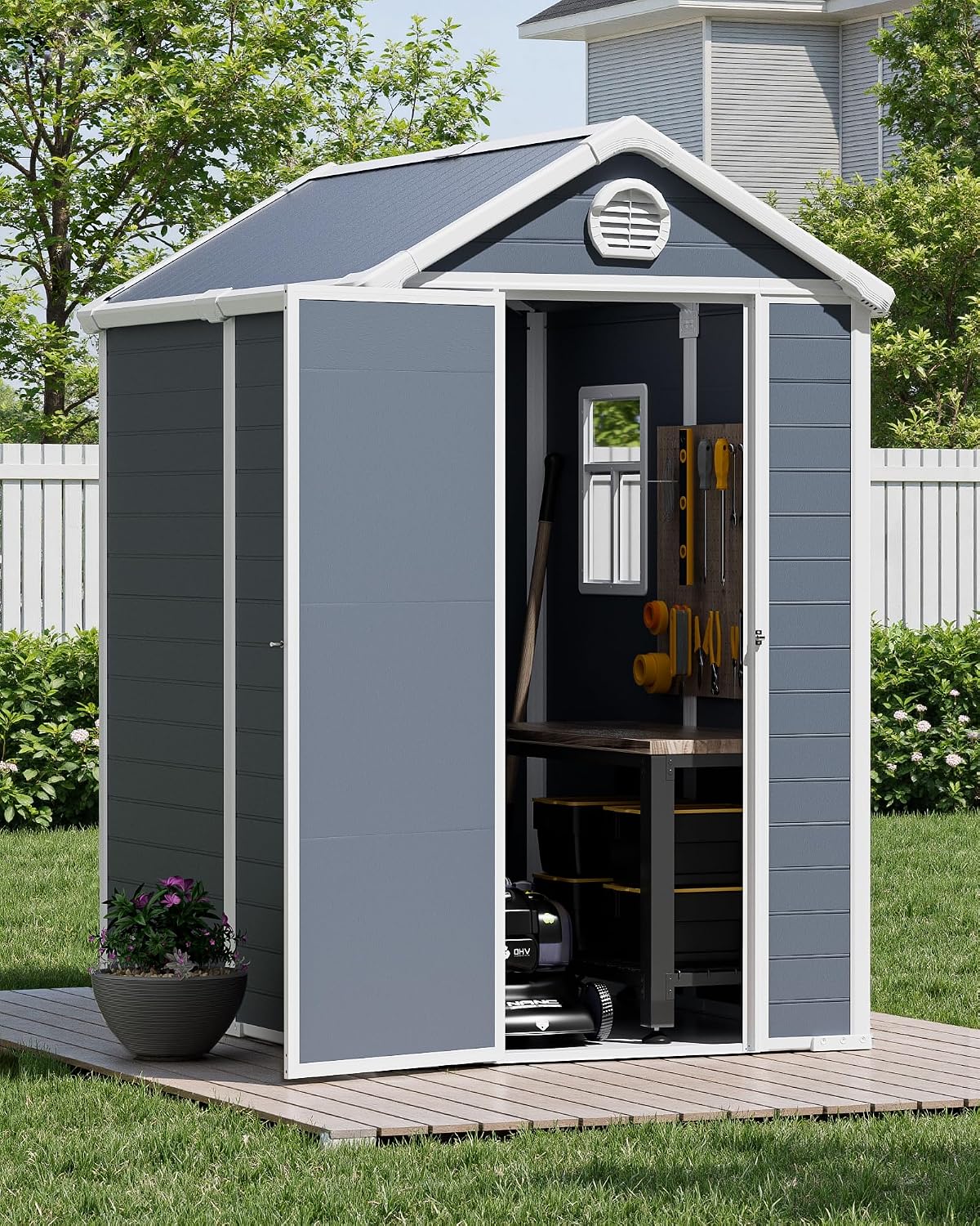 6x4.5 FT Plastic Sheds & Outdoor Storage, UV Resistant Storage Sheds Outdoor with Floor and Window, All-Weather Garden Resin Tool Shed for for Garden，Patio，and Utility Storage（Dark Gray）