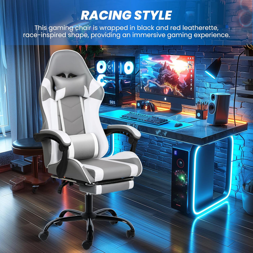 YSSOA Gaming Chair, Computer Chair with Footrest, Height Adjustable & 90°-135° Tilt Function, Swivel Recliner Ergonomic Racing Style Video Game Chair with Lumbar Support (Grey/White)