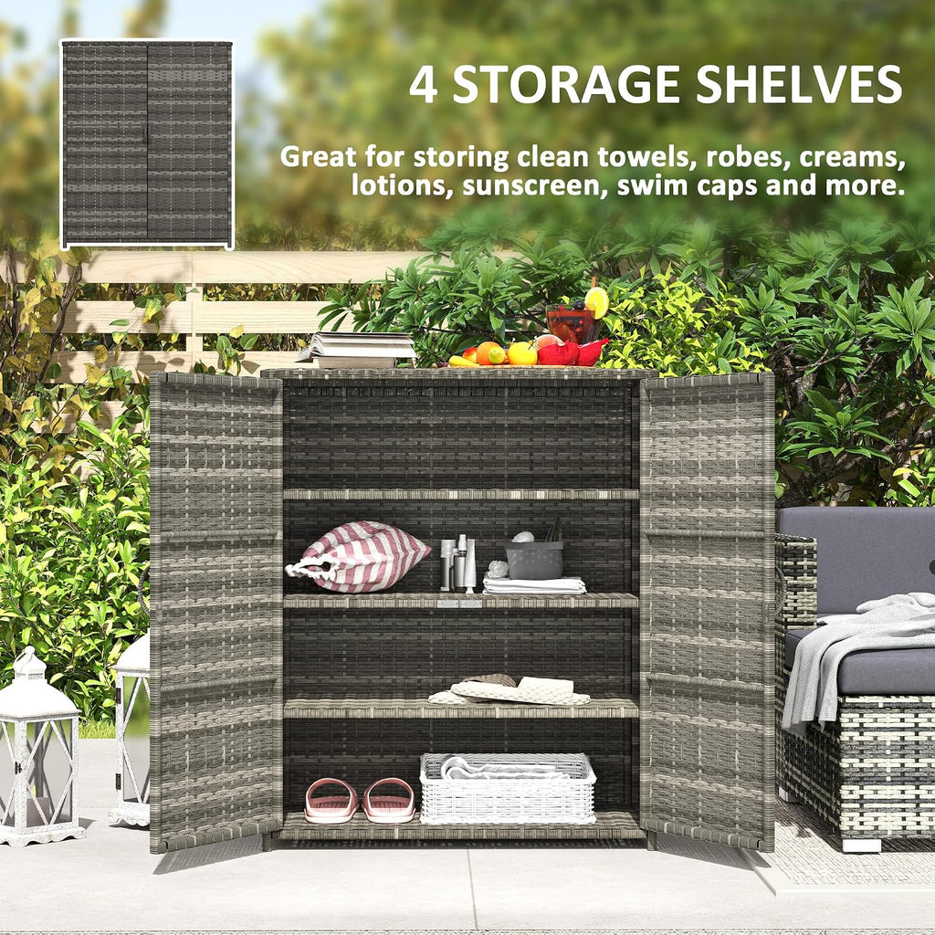 Outsunny Wicker Outdoor Storage Cabinet with Shelves, 4-Shelf Outdoor Pool Towel Cabinet with Two Doors, Rattan Patio Storage Shelves for Garden, Backyard, Porch, Mixed Gray