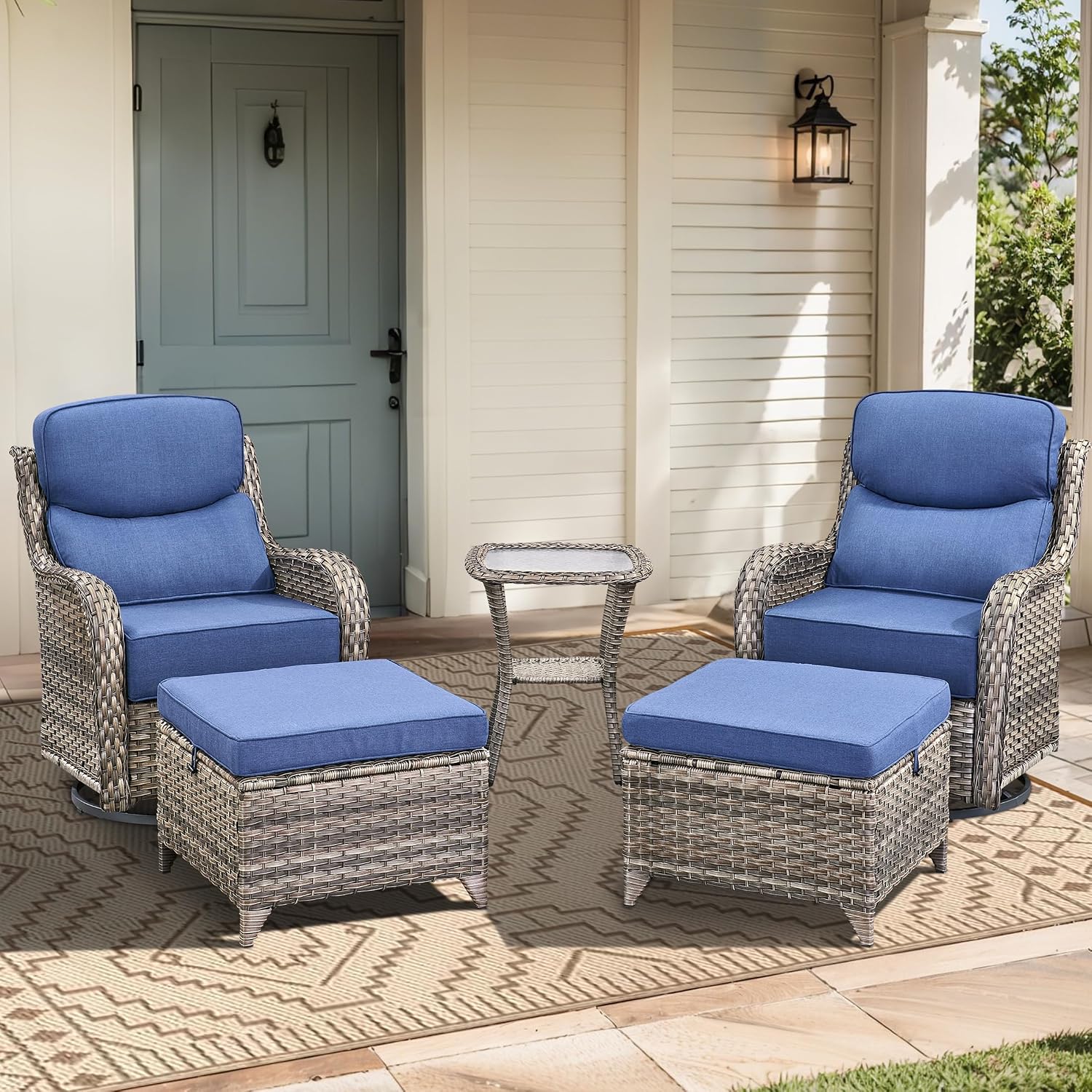 Luxury High Back Outdoor Furniture with 6-Inch Thick Cushions, Patio Furniture Set with Ottomans, 5 PCS Wicker Conversation Set for Porch, Balcony, Deck and Yard